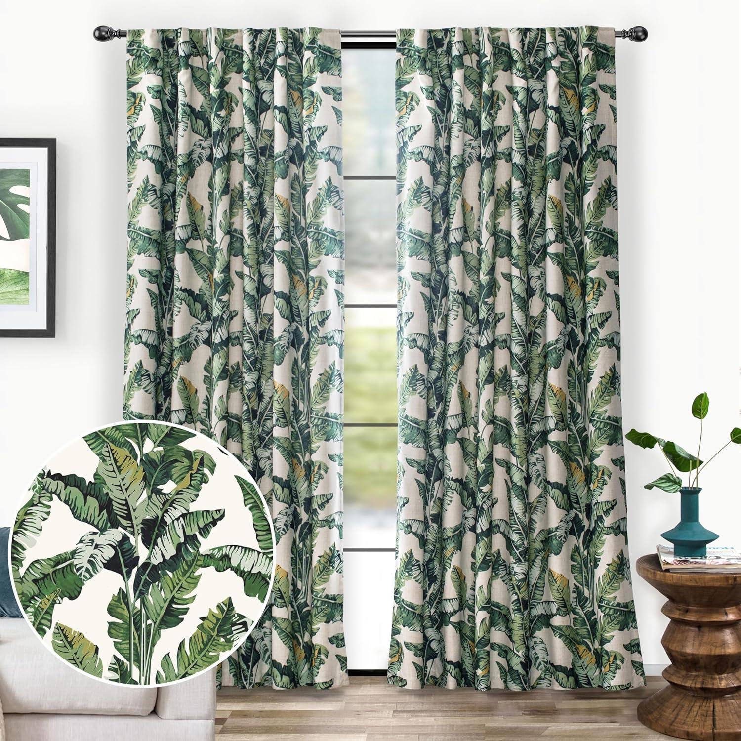 Tropical Green and Beige Linen Blackout Curtain Panels