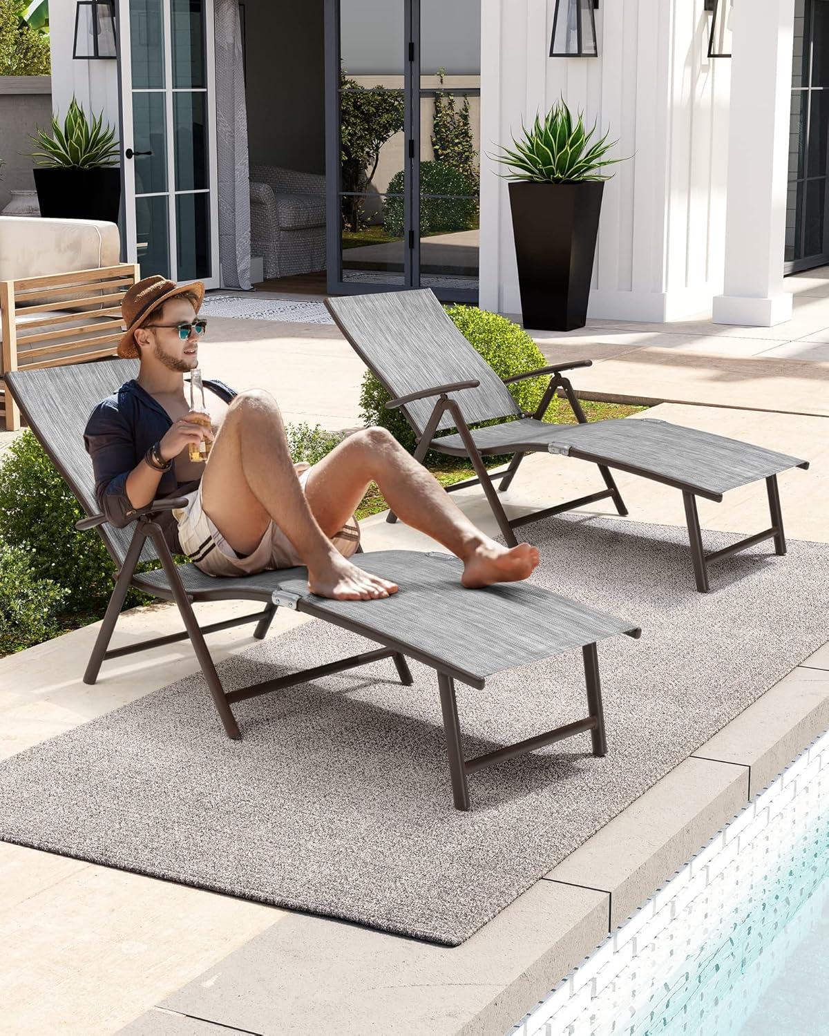 2pc Outdoor Aluminum Adjustable Chaise Lounges - Black/Gray - Crestlive Products: Foldable, Weather-Resistant, No Assembly Required