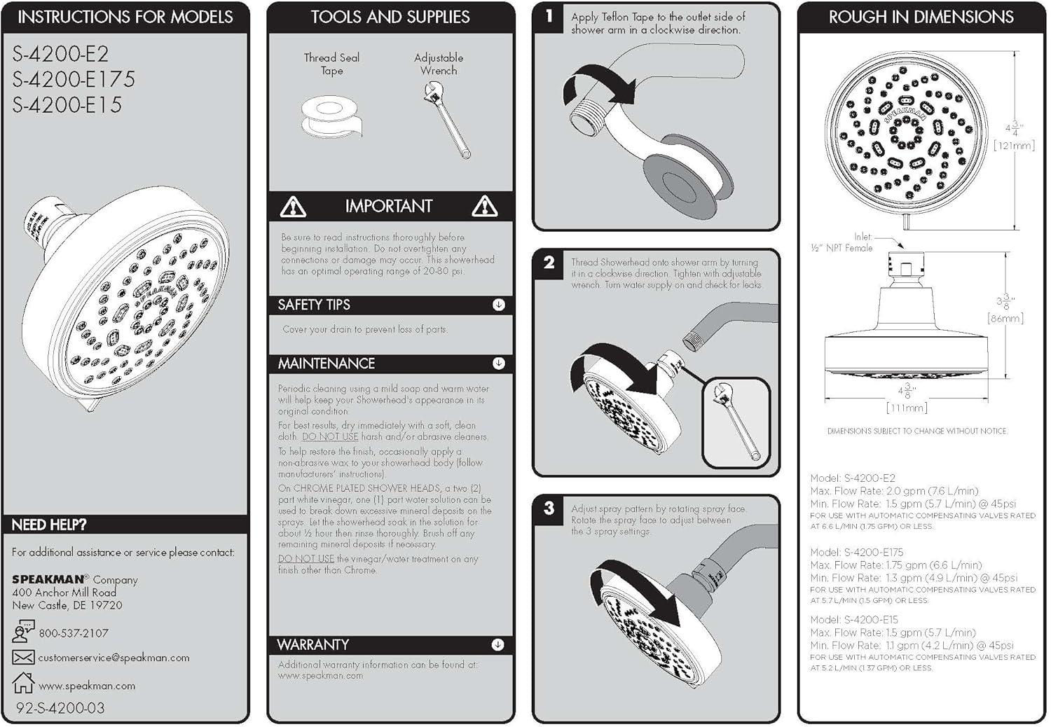 Speakman Echo Multi-Function Adjustable 2.0 GPM Shower Head, Polished Chrome