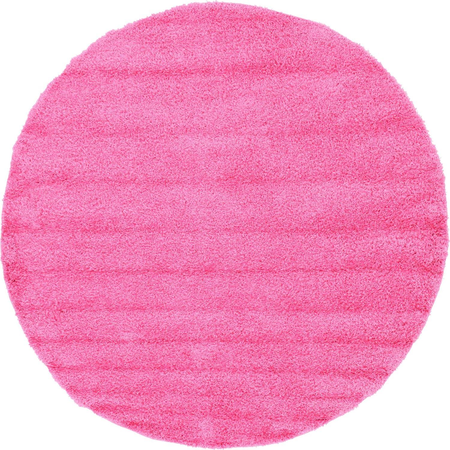 Round Pink Shag Washable Kids Area Rug