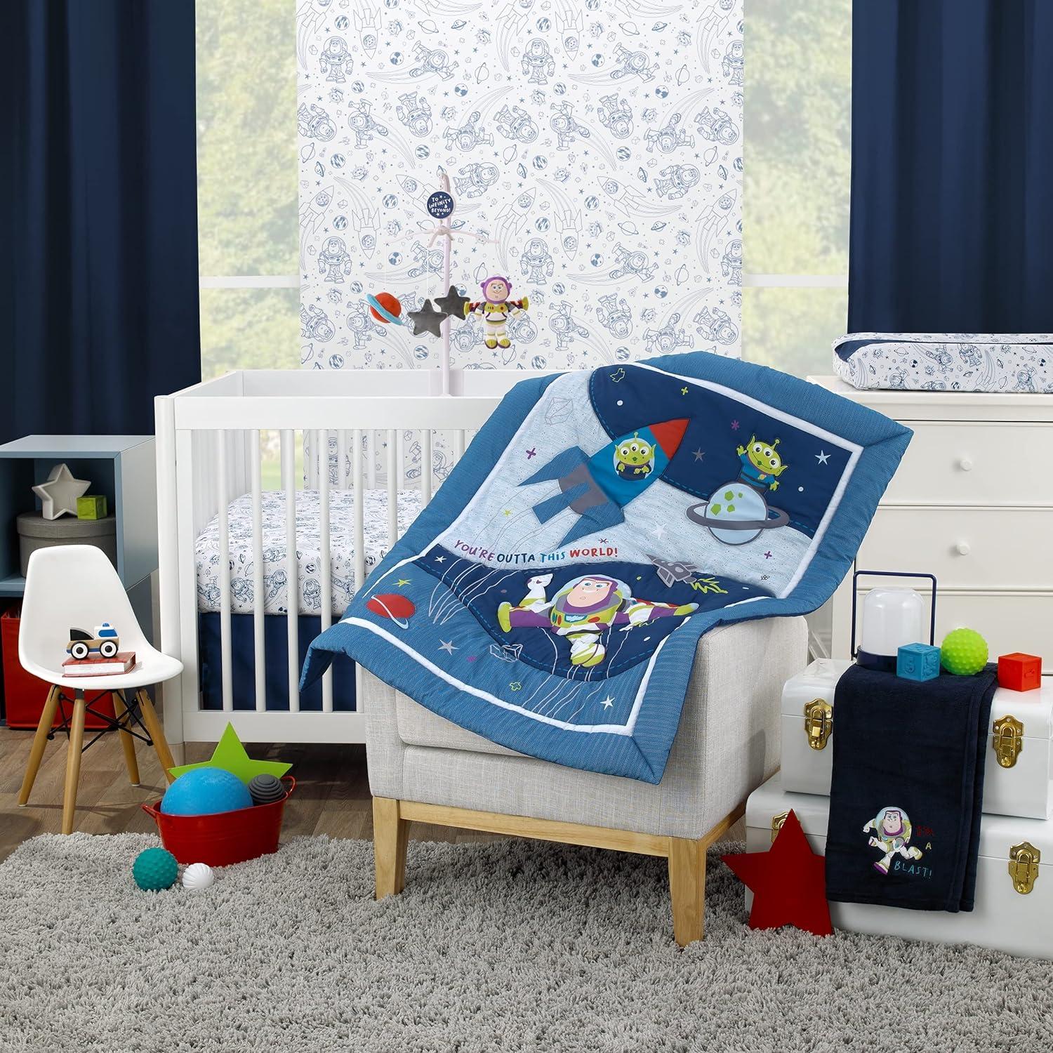 NoJo Disney Toy Story Outta This World Blue and Gray 3 Piece Nursery Crib Bedding Set - Comforter,  Fitted Crib Sheet, and Crib Skirt