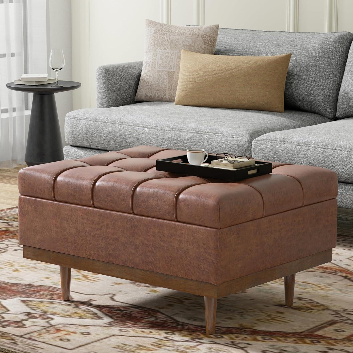 Simpli Home Mariah 34 inch Wide Contemporary Rectangle Coffee Table Storage Ottoman in Distressed Saddle Brown Vegan Faux Leather