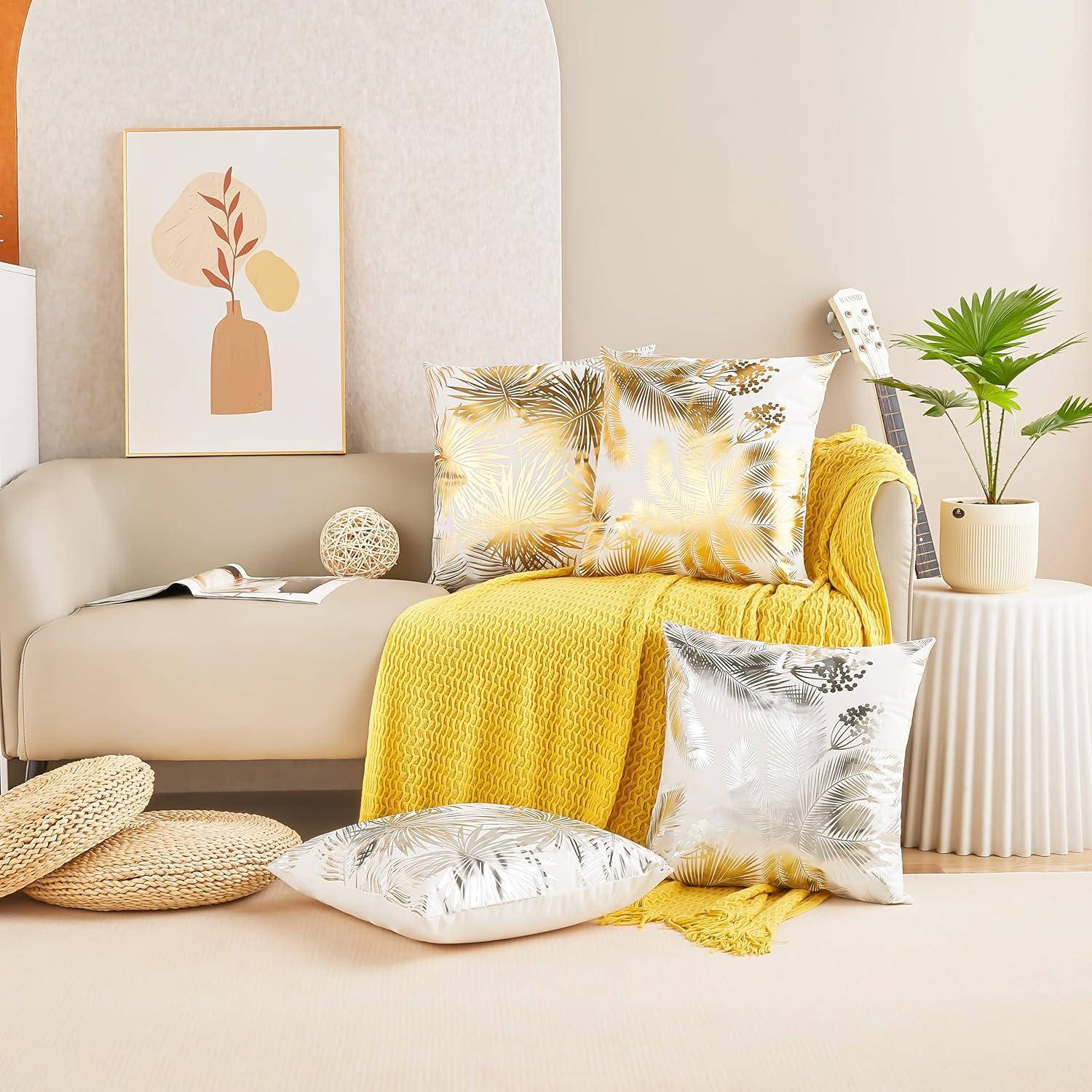 Pack of 4 Decorative Throw Pillow Case Cushion Cover Gold Stamping Leaves 18 x 18 inches 45 x 45 cm for Couch Bedroom Car