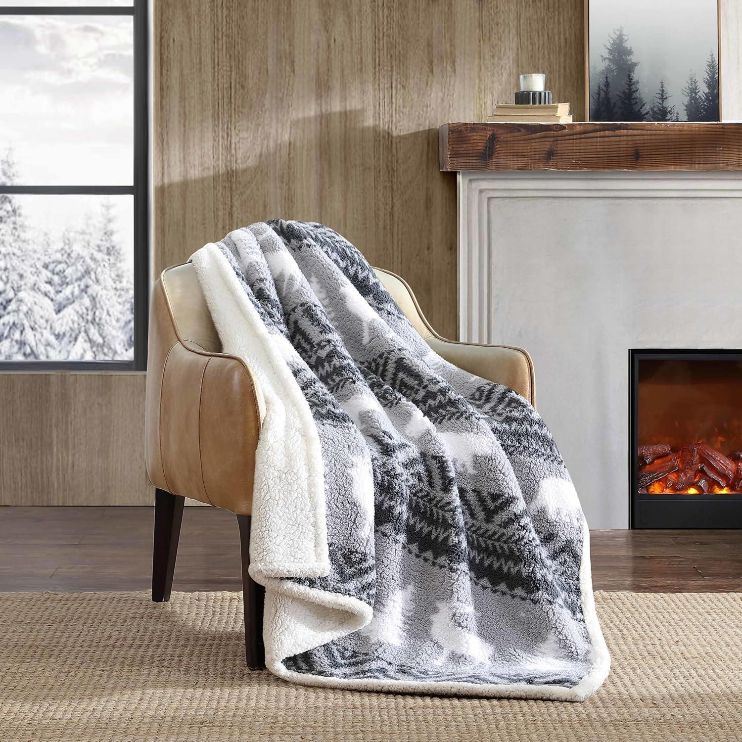 Gray and White Reversible Sherpa Fleece Throw Blanket