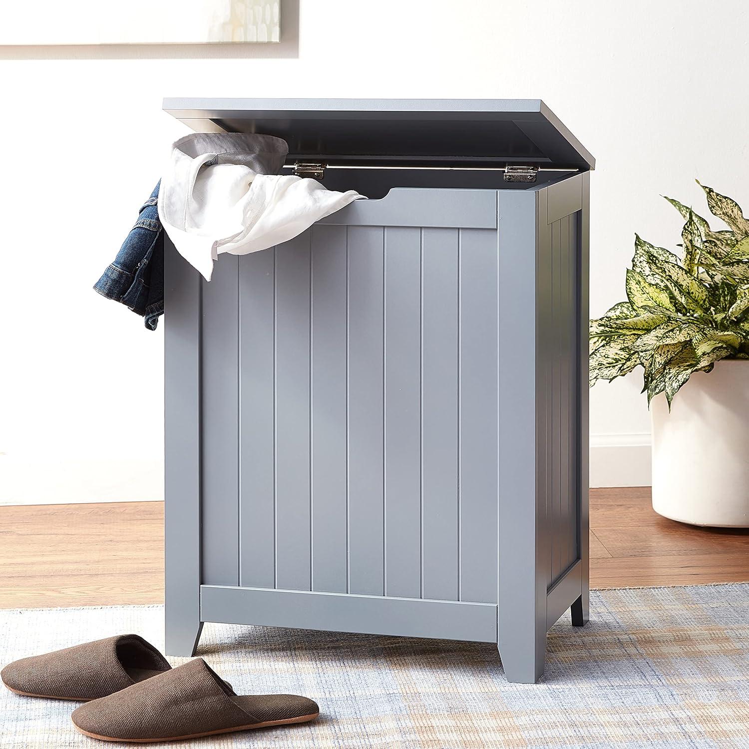 Gray Wooden Rectangular Upright Hamper with Lid