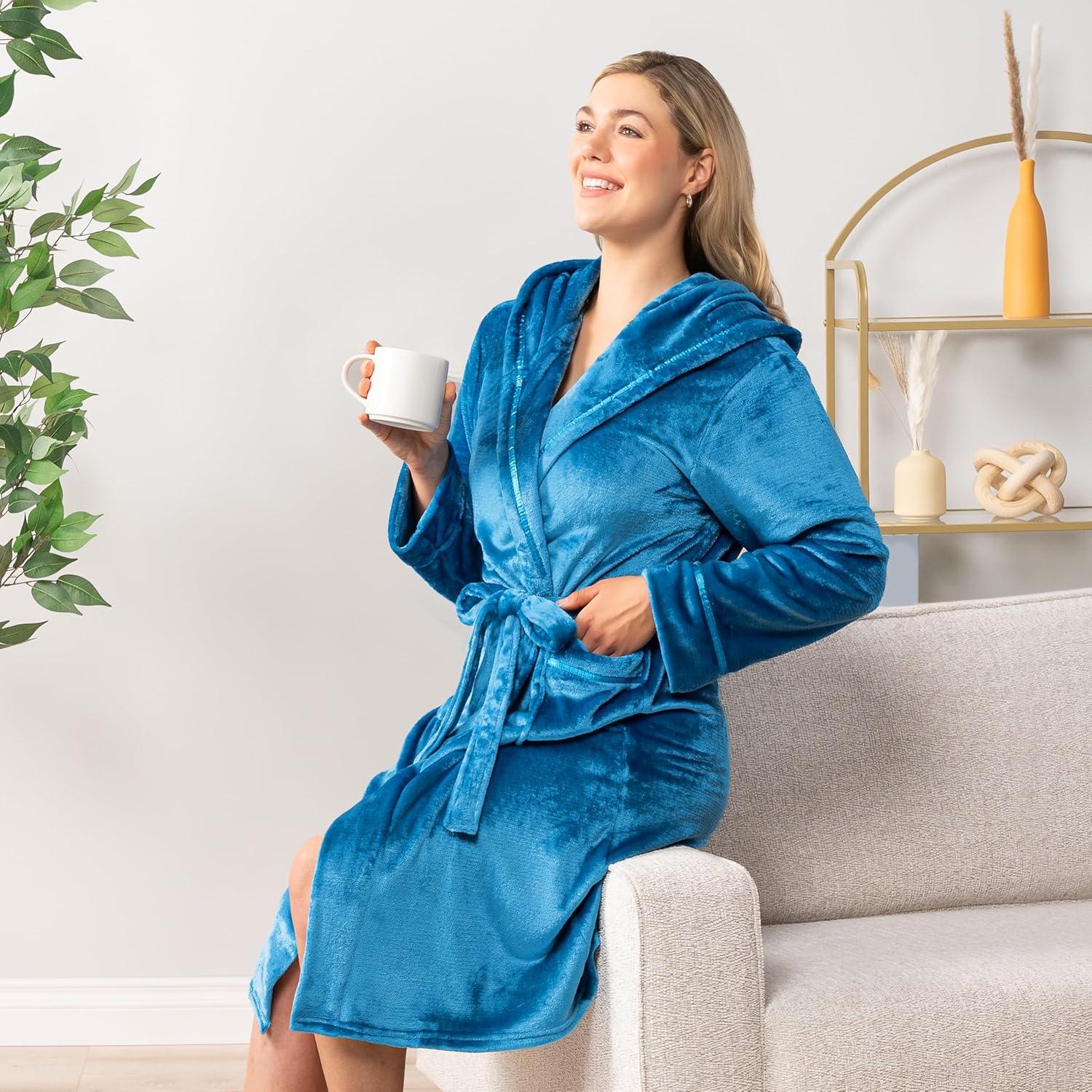 PAVILIA Fleece Robe For Women, Plush Warm Bathrobe, Fluffy Soft Spa Long Lightweight Fuzzy Cozy, Satin Trim (With Hood - Sea Blue, Large-X-Large)