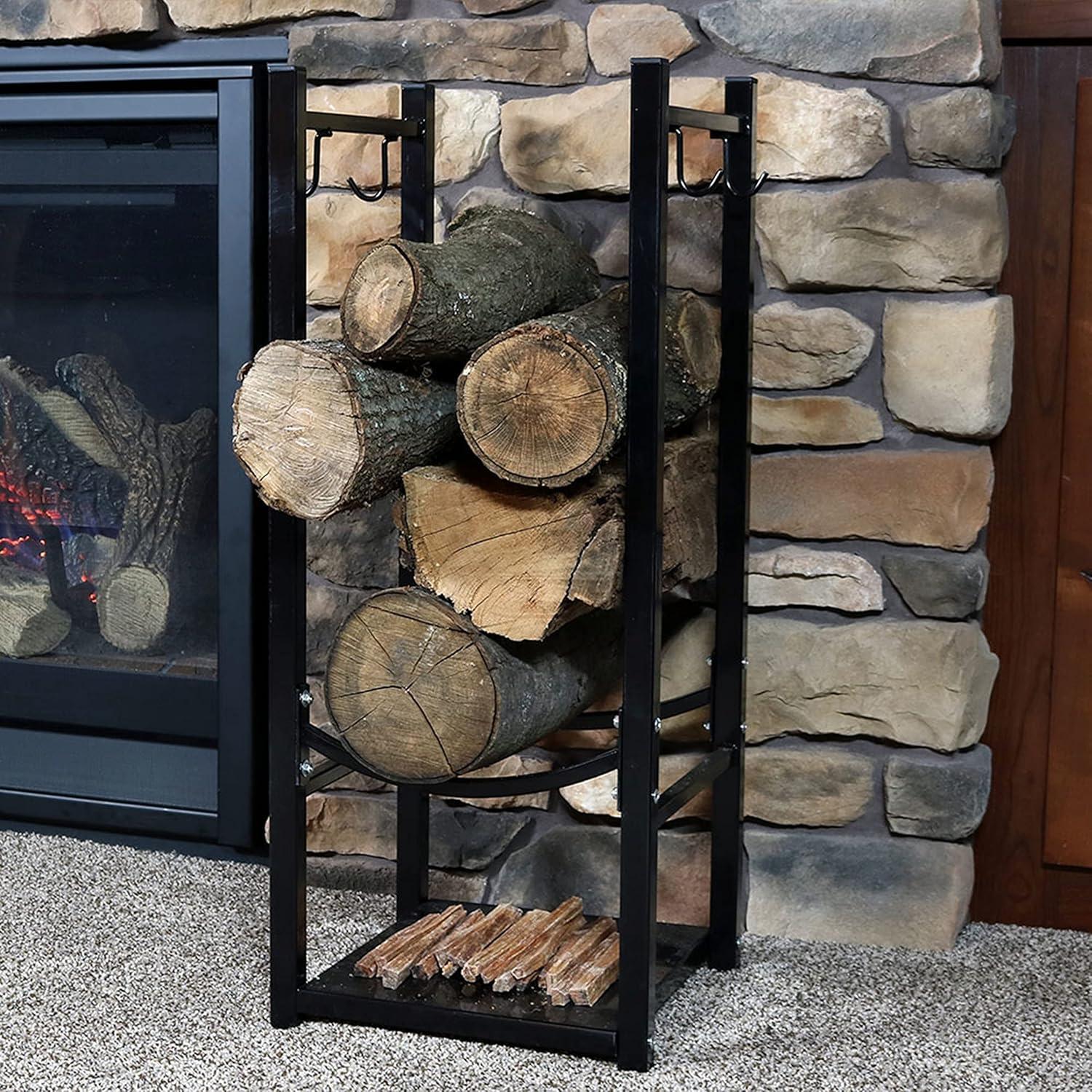 Sunnydaze Indoor/Outdoor Steel Fire Pit or Fireplace Firewood Log Rack Holder with Hooks - 32"