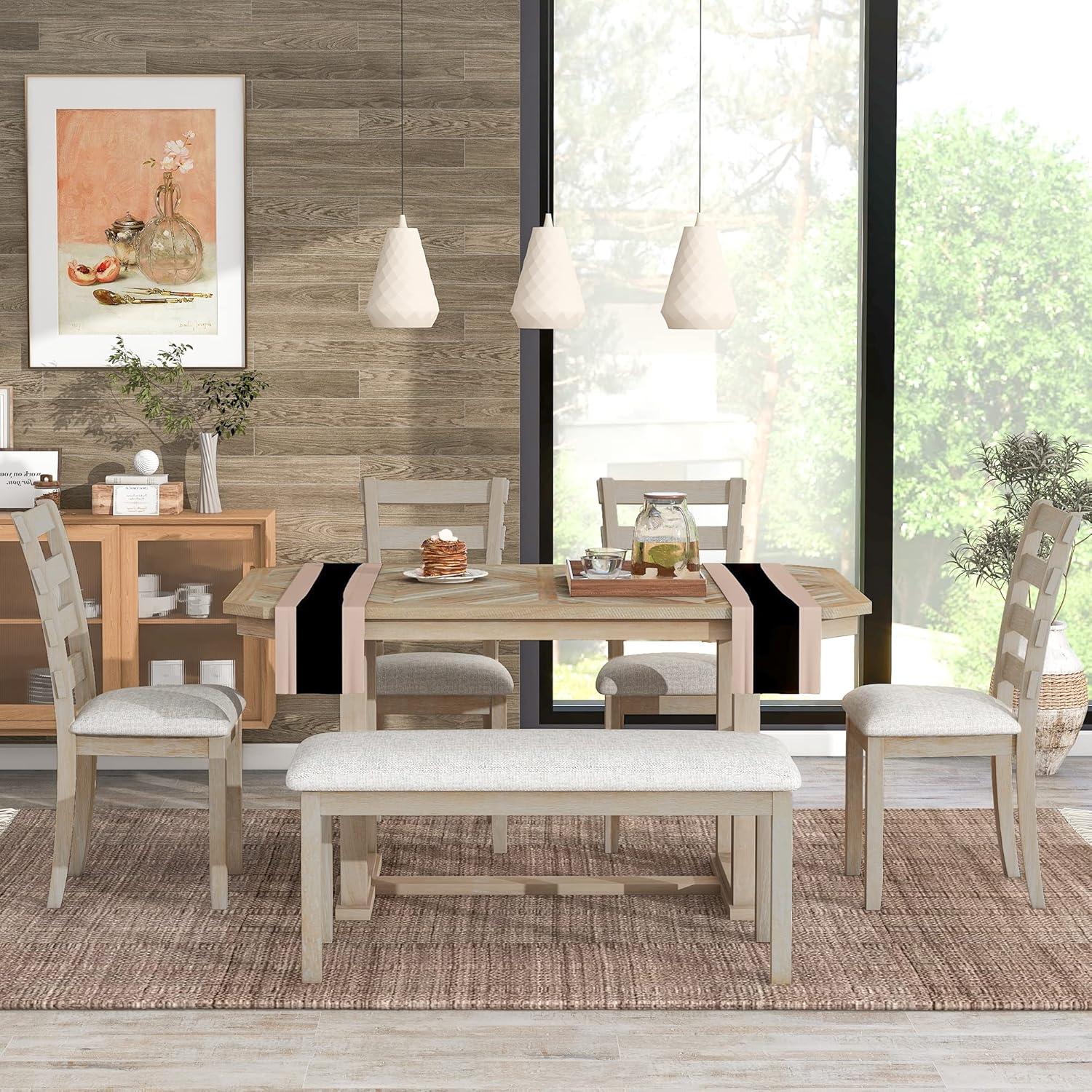 Dining Table Set for 6, 6 Piece Wood Kitchen Table Set, Dining Table and Chairs Set, Home Furniture Table Set with Chairs & Bench, Natural Wood Wash