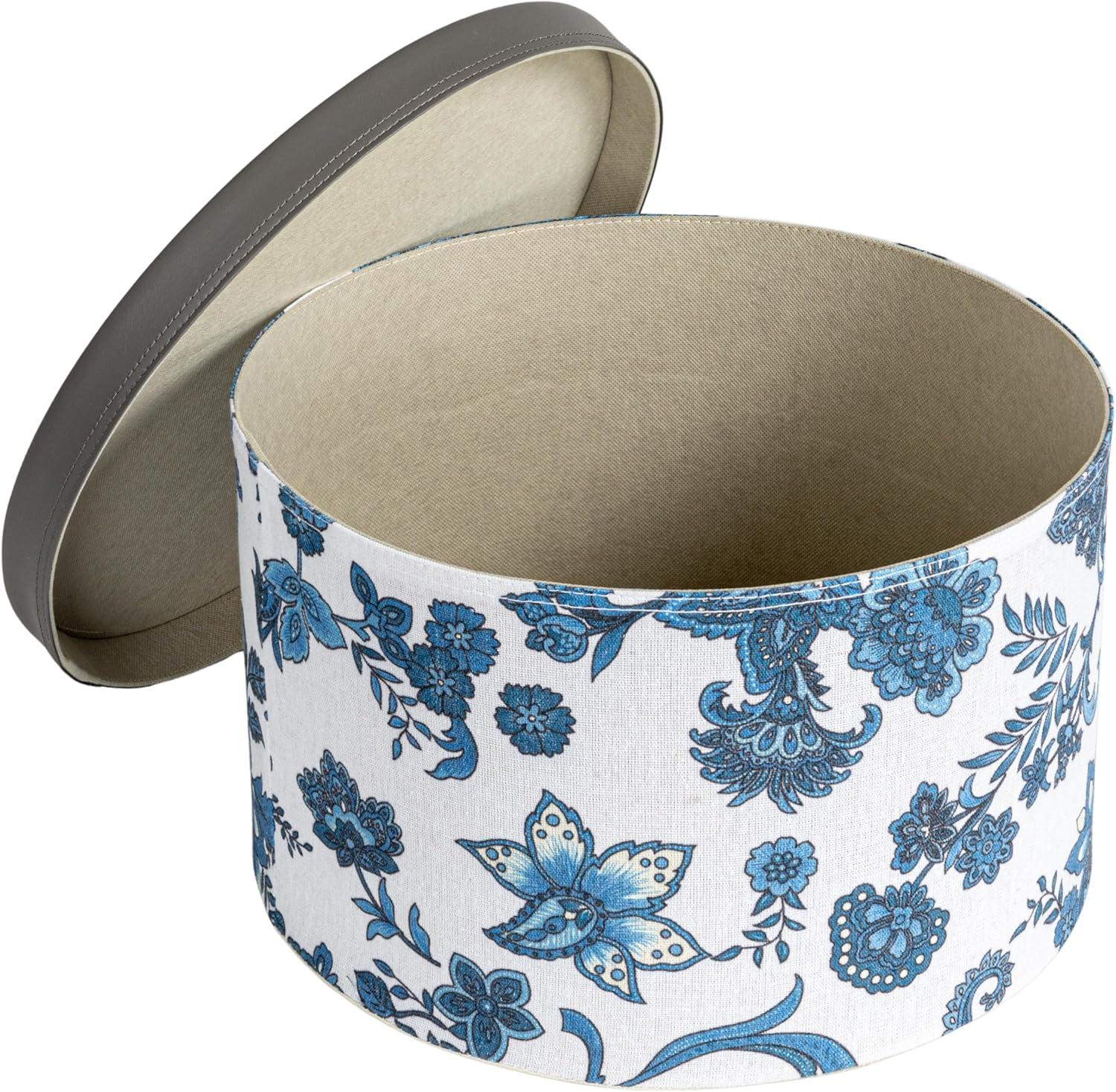 Floral Nestable Hat Boxes with Faux Leather Lids, Cream and Blue, Set of 3