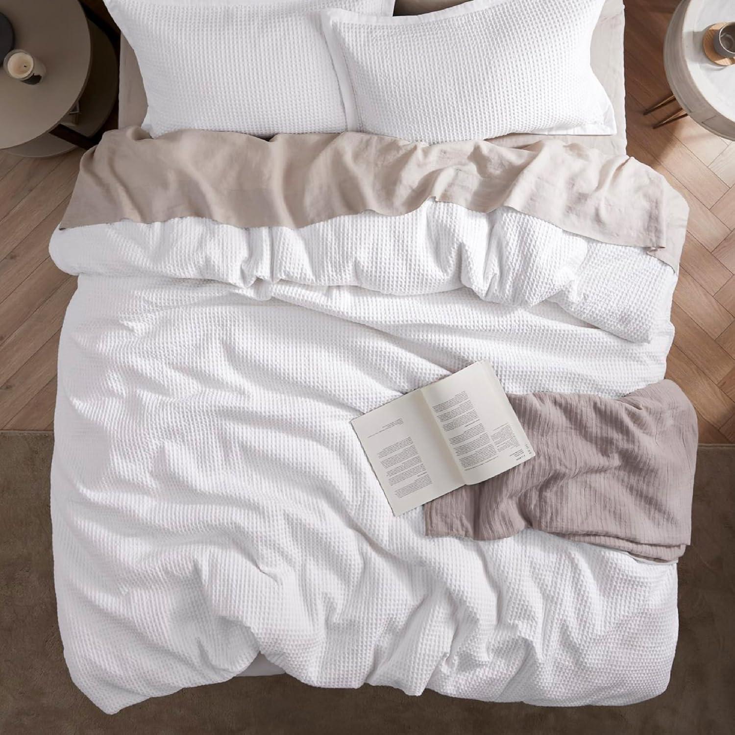 King Size White Cotton Waffle Weave Duvet Cover Set