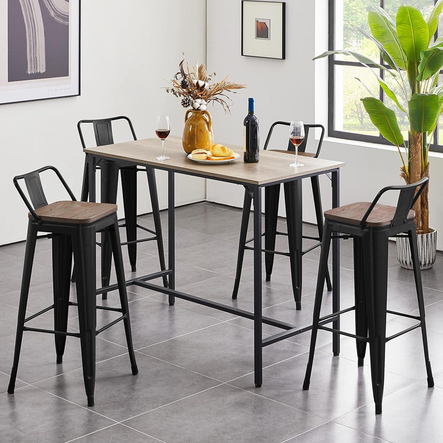 Killeryuki 24'' Metal Bar Stool 4PCS Low Back Conuter Stools for Indoor/Outdoor Barstools Metal Black Stools Bar Chairs w/Wooden Seat Metal Leg Industrial Counter Height Stools Black