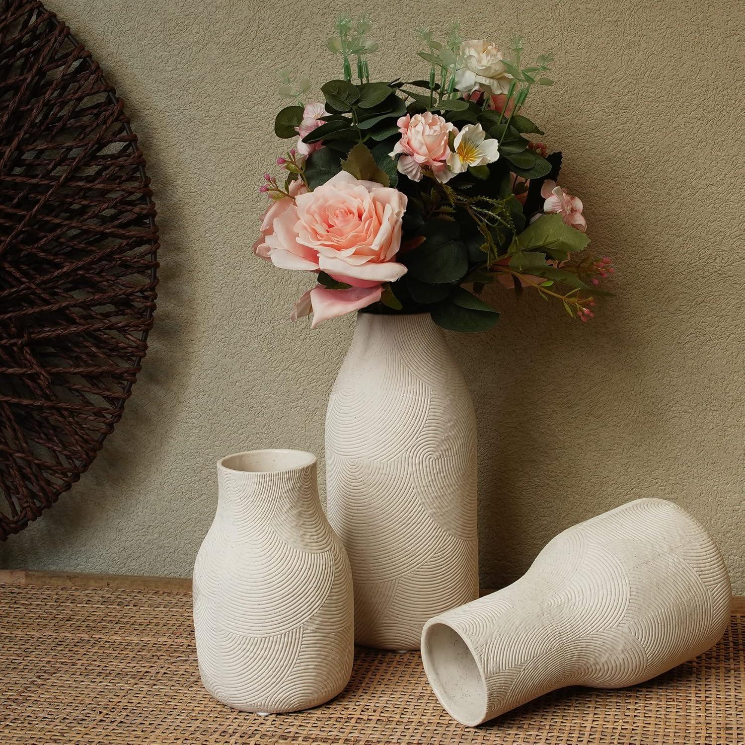 Matte White Textured Ceramic Vase Set of 3