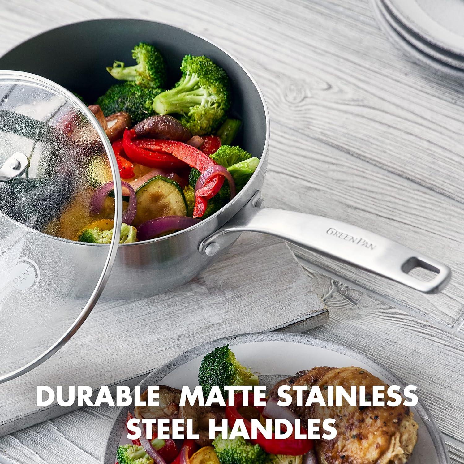 2.5-Quart Silver Stainless Steel Ceramic Nonstick Saucepan with Lid