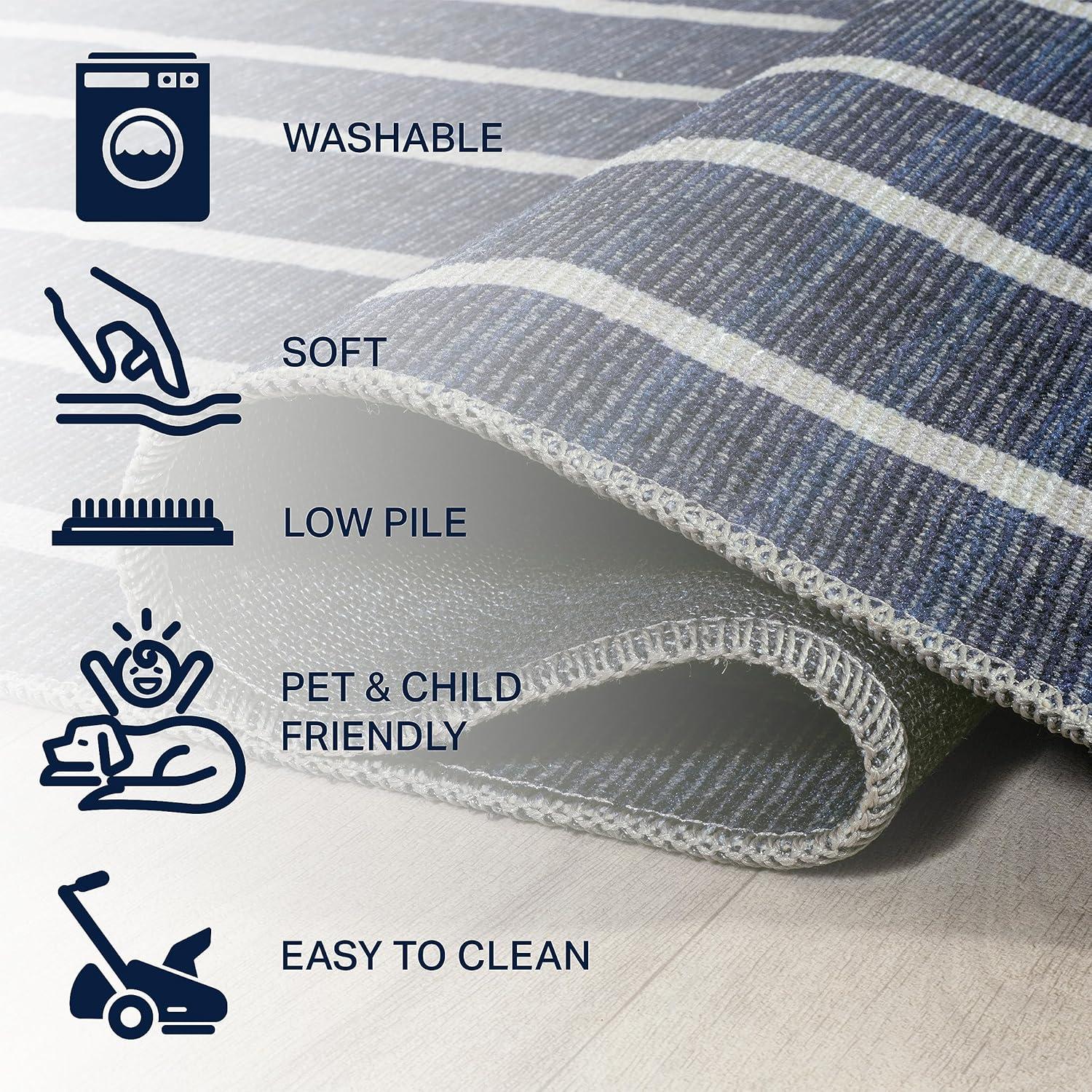 5' x 8' Rand Distressed Ticking Stripe Machine-Washable Area Rug, Navy/Ivory - JONATHAN Y