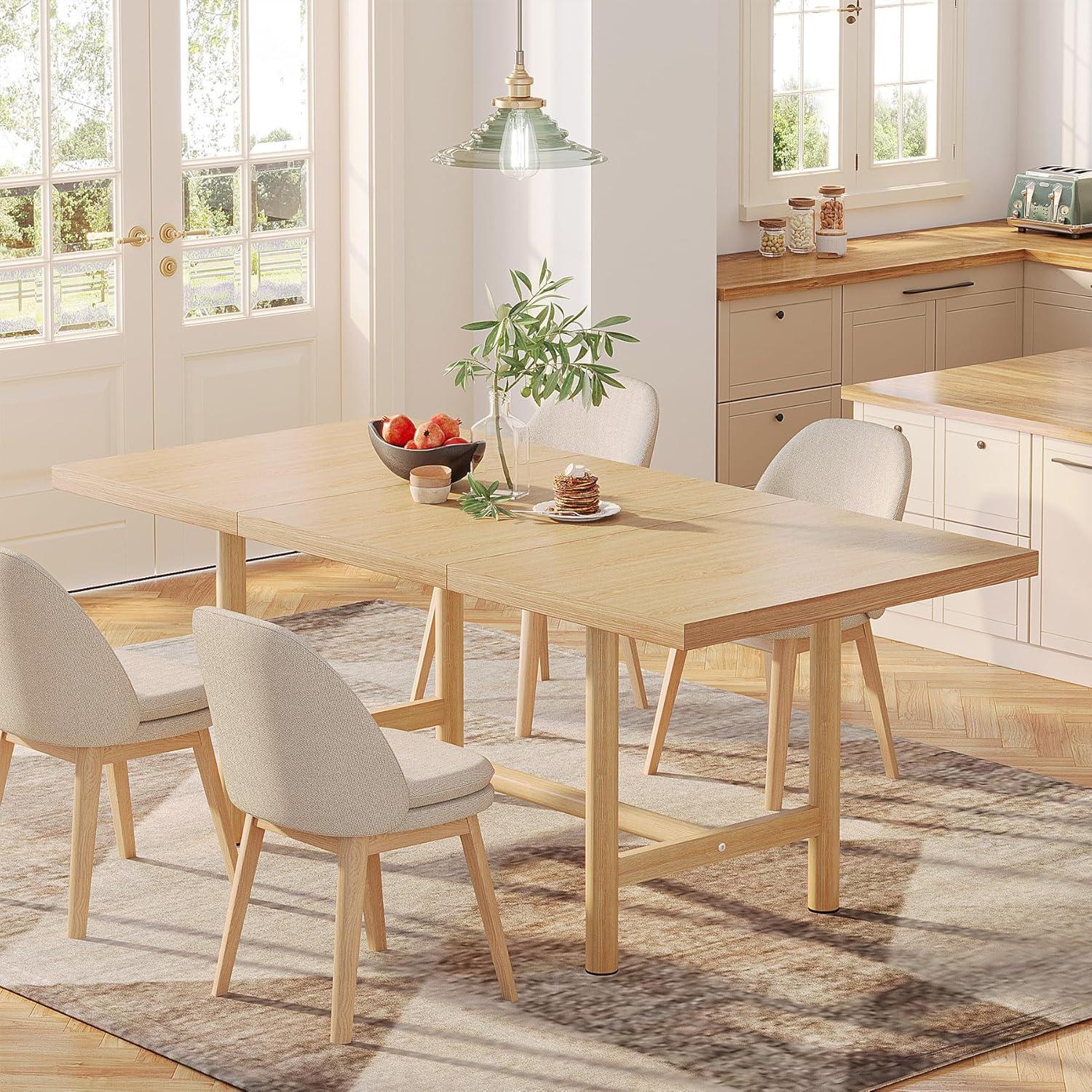 Natural Wood Rectangular Farmhouse Dining Table with Metal Legs