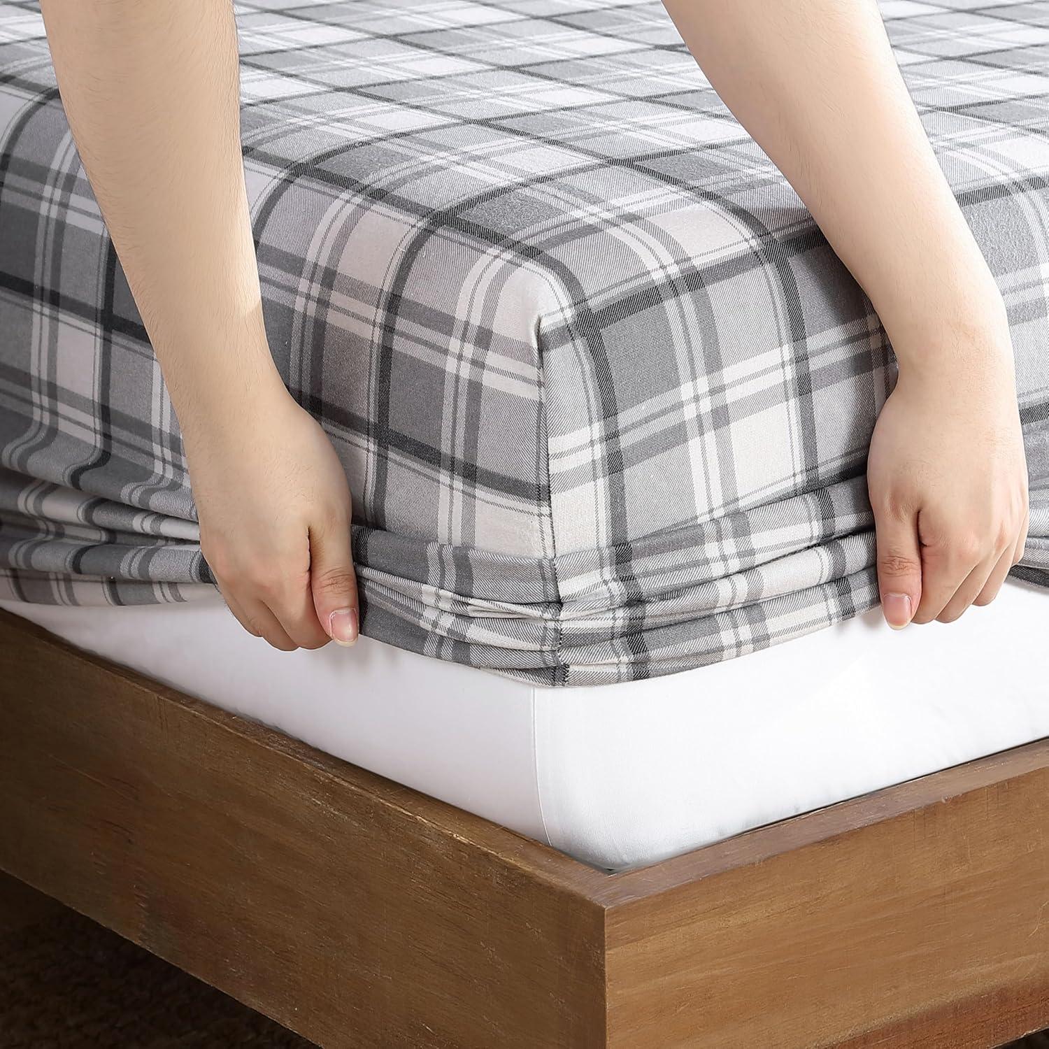 Winter Nights Cotton Flannel Bed Sheet Set, Full, Gray Plaid