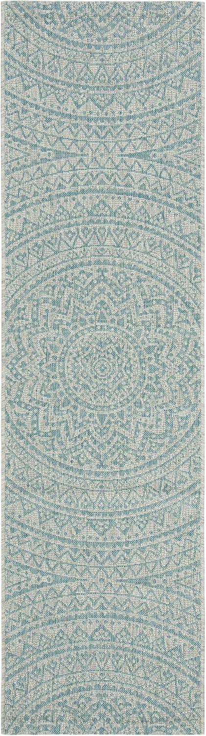 Light Grey/Aqua Synthetic Flat Woven Reversible Outdoor Runner Rug - 2'3" x 8'