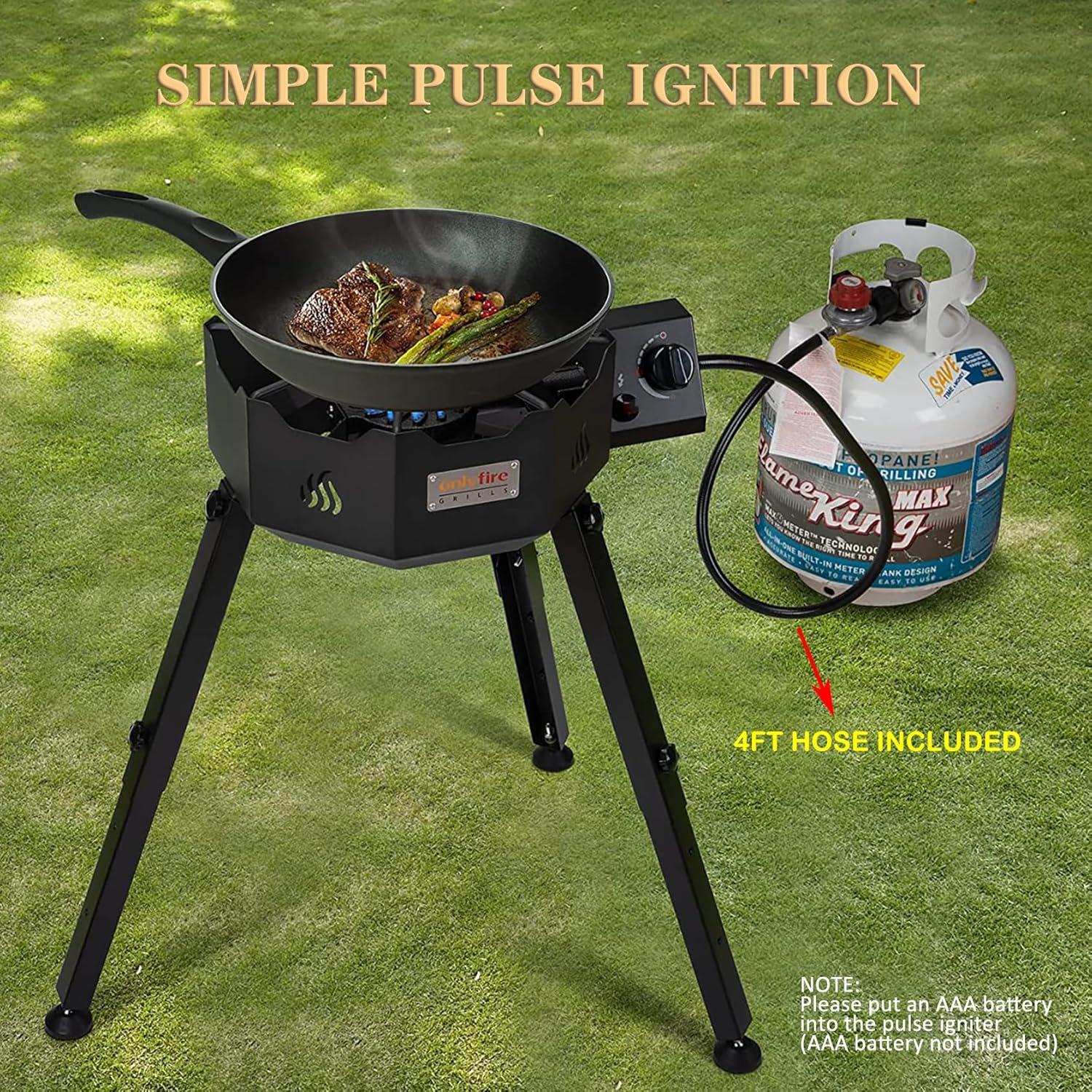 ONLYFIRE Portable Gas Burner with Adjustable Removable Legs, Propane Camping Stove for Backyard RV Tailgating Outdoor Cooking, works for Wok, Skillet, Frying Pan, Pot, 4FT Hose, 65000BTU, GS301