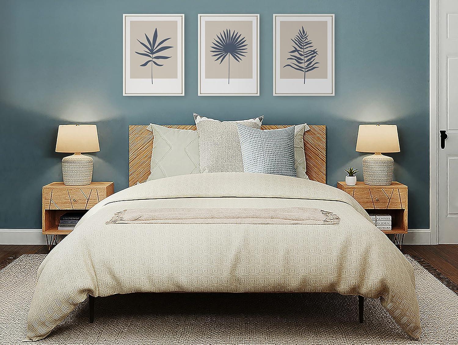 Muted Tan and Blue Botanical Leaf Framed Canvas Wall Art