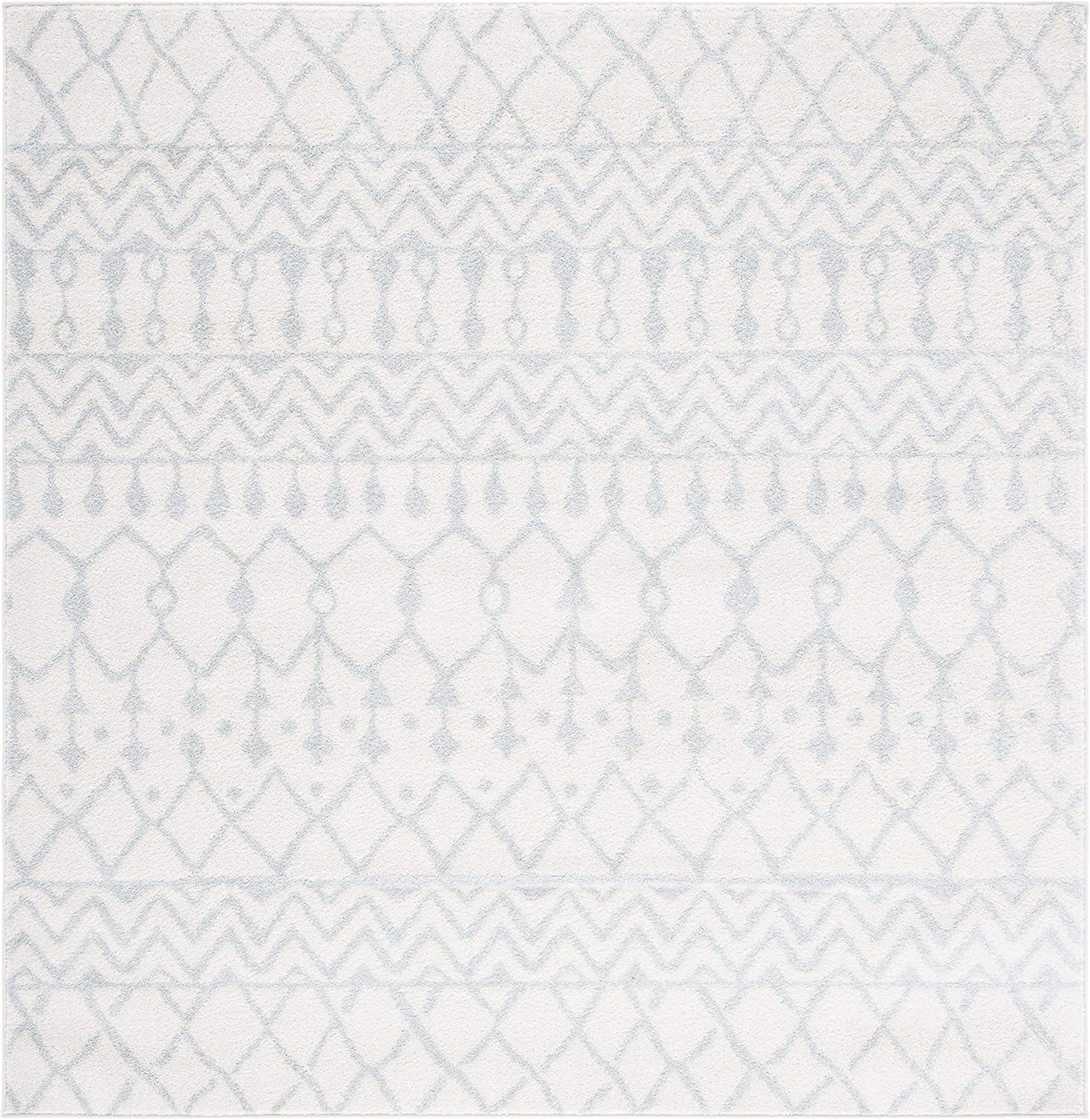 Ivory and Light Grey Hand-Knotted Square Synthetic Rug