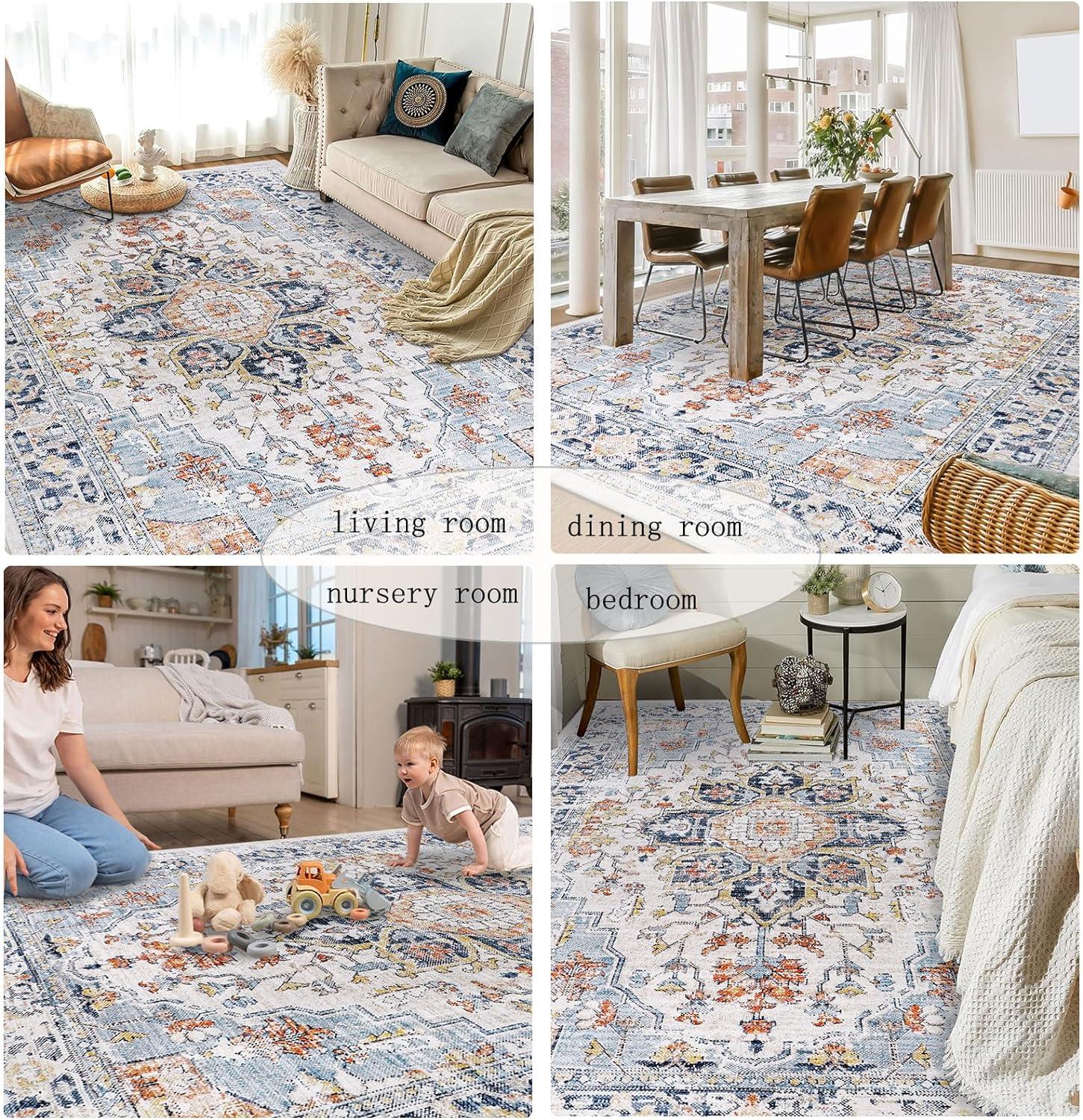 Hasoo 9' x 12' Modern Large Area Rug Stain Non-Shedding Low-Pile Distressed Area Rug Carpet for Living Room Bedroom, Light Blue