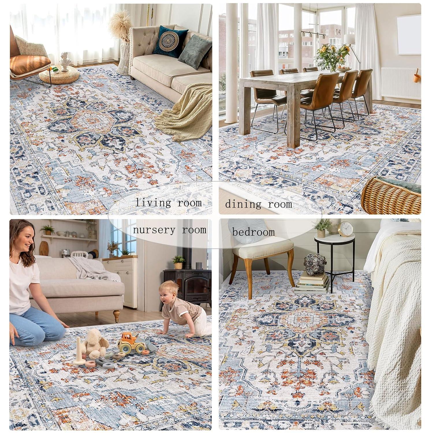 Hasoo 9' x 12' Modern Large Area Rug Stain Non-Shedding Low-Pile Distressed Area Rug Carpet for Living Room Bedroom, Light Blue