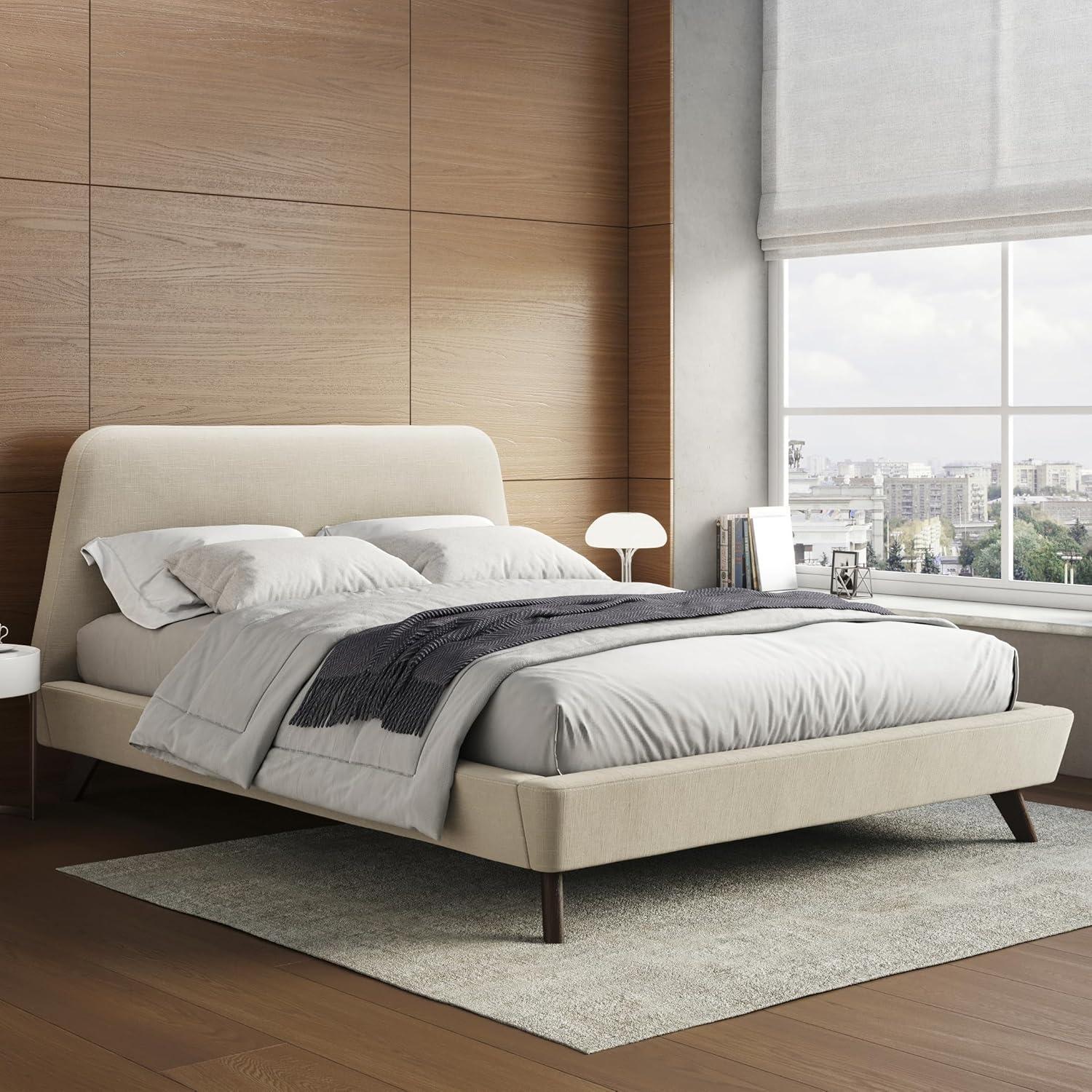 Omax Decor Henry Wood and Fabric Upholstered Queen Platform Bed in Blue