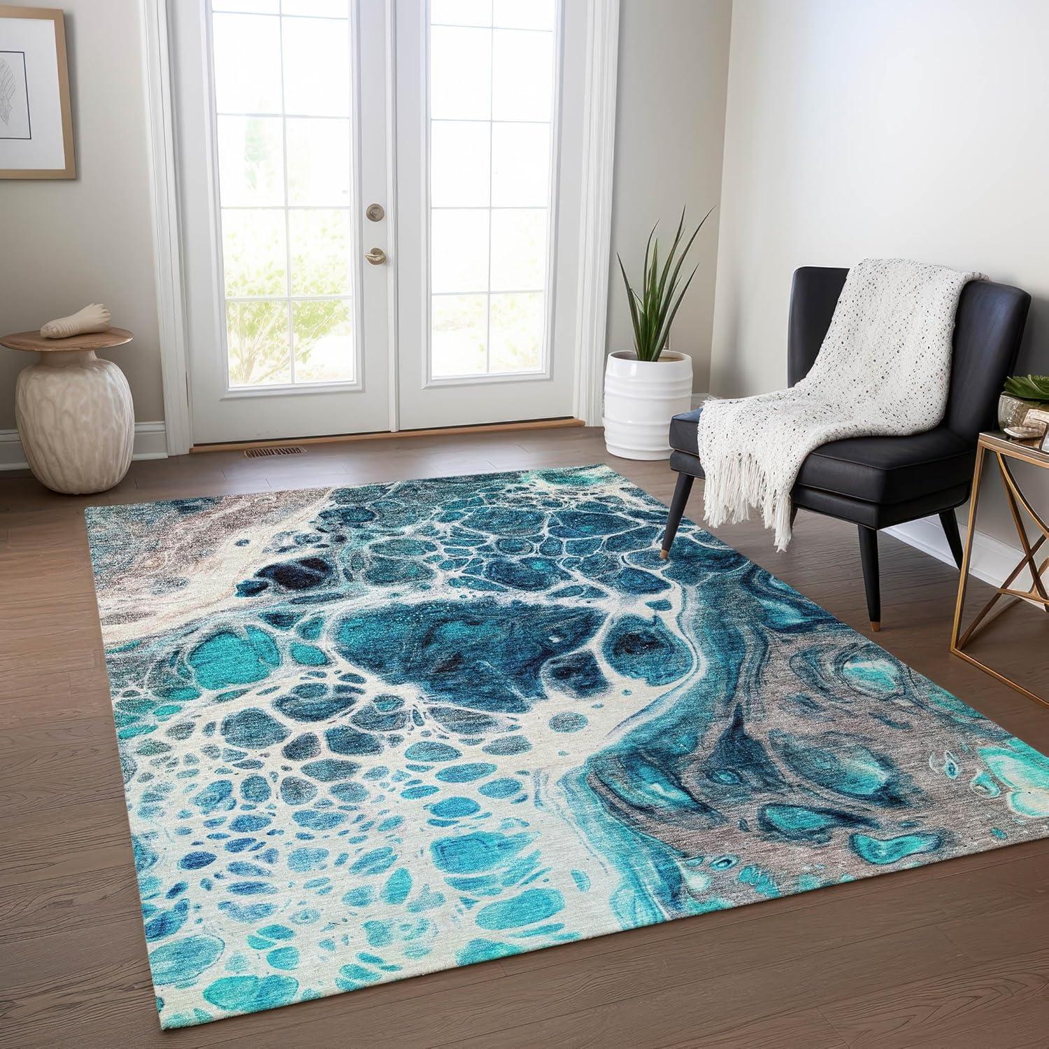 Teal and Gray Synthetic Flat Woven Reversible Area Rug