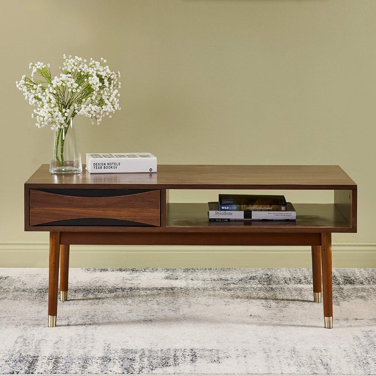 Dawson 40" Walnut Mid-Century Modern Coffee Table with Brass Accents