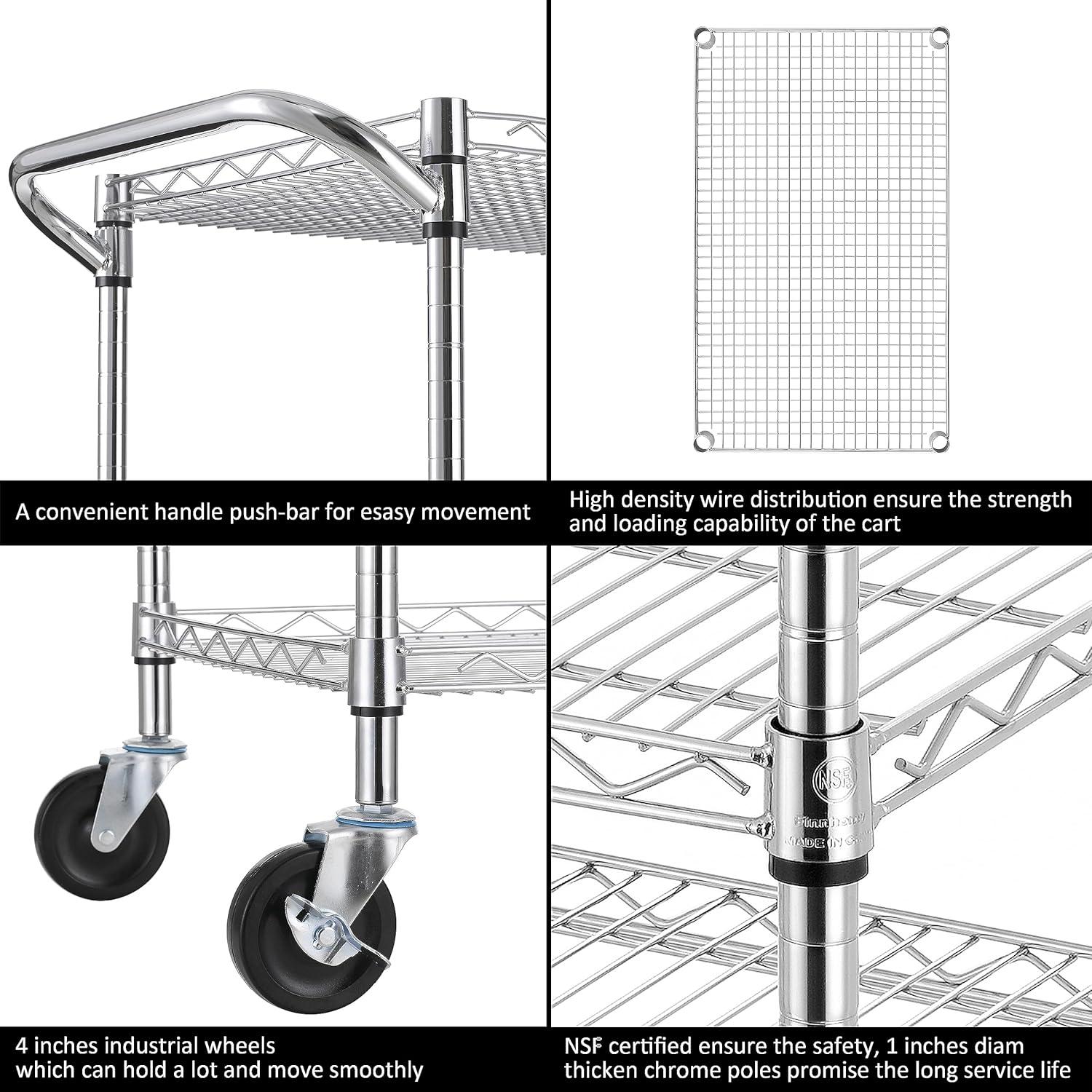 Heavy Duty 3 Tier Rolling Utility Cart Kitchen Cart on Wheels Metal Serving Cart Commercial Grade with Wire Shelving and Handle Bar for Kitchen Office Hardware