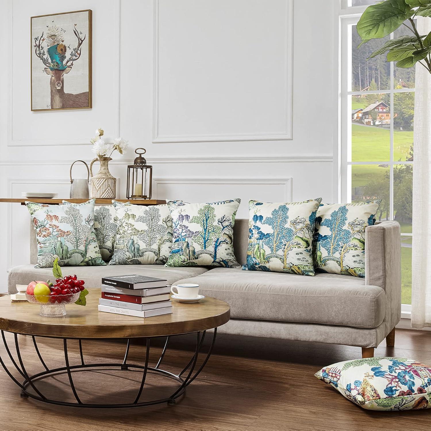 Chinoiserie Pillow Covers 20 x 20 Set of 2 Asian Scenic Linen Throw Pillow Cover Vintage Blue and Green Farmhouse Decorative Pillowcases for Living Room Couch Bed Sofa Outdoor
