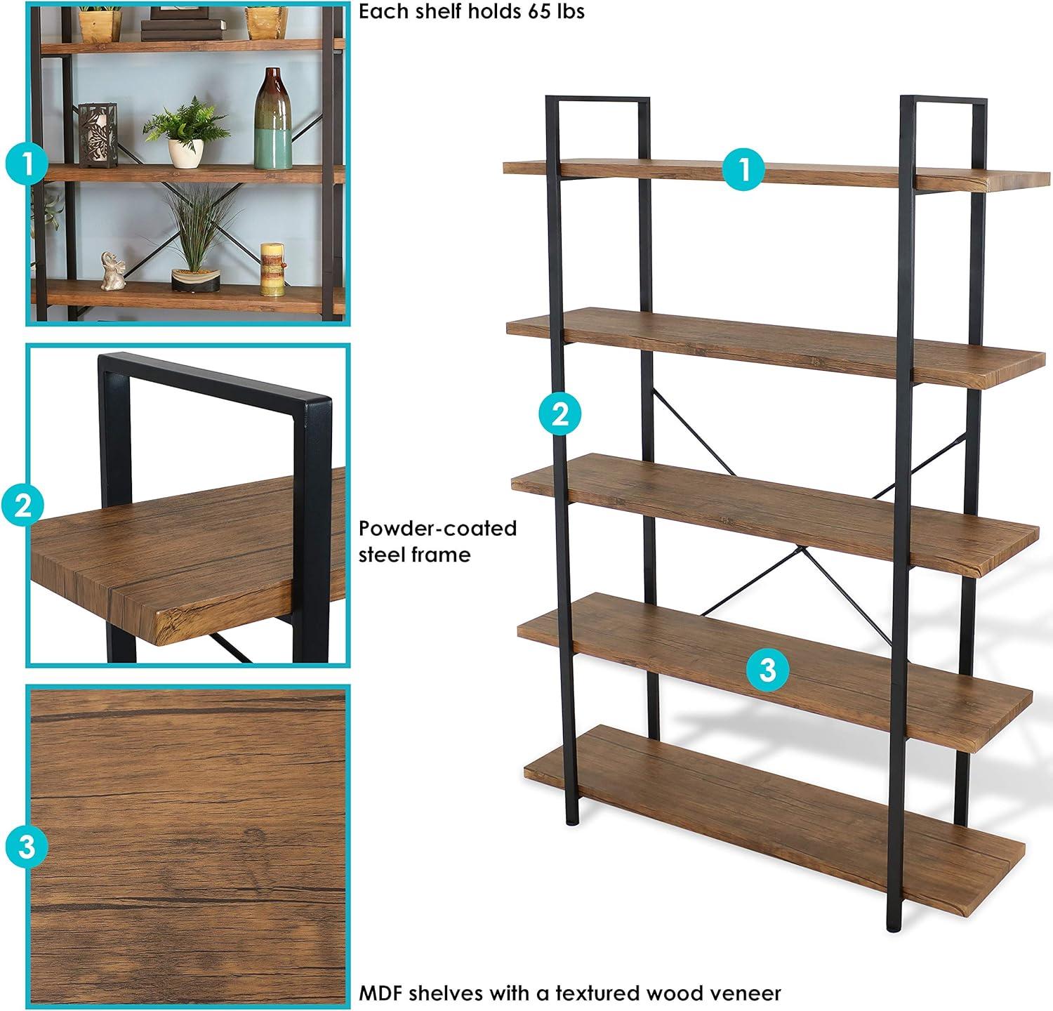 Sunnydaze 5 Shelf Industrial Style Freestanding Etagere Bookshelf with Wood Veneer Shelves