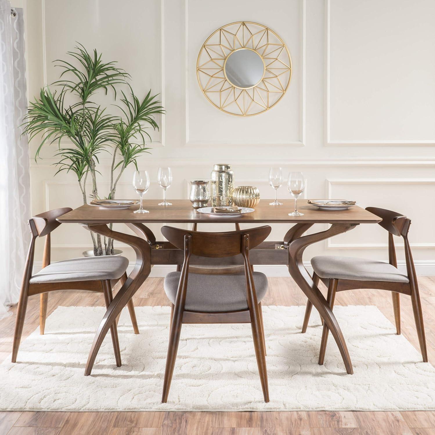 GDF Studio Wales Mid Century Modern Fabric Upholstered 5 Piece Dining Set, Light Gray and Walnut