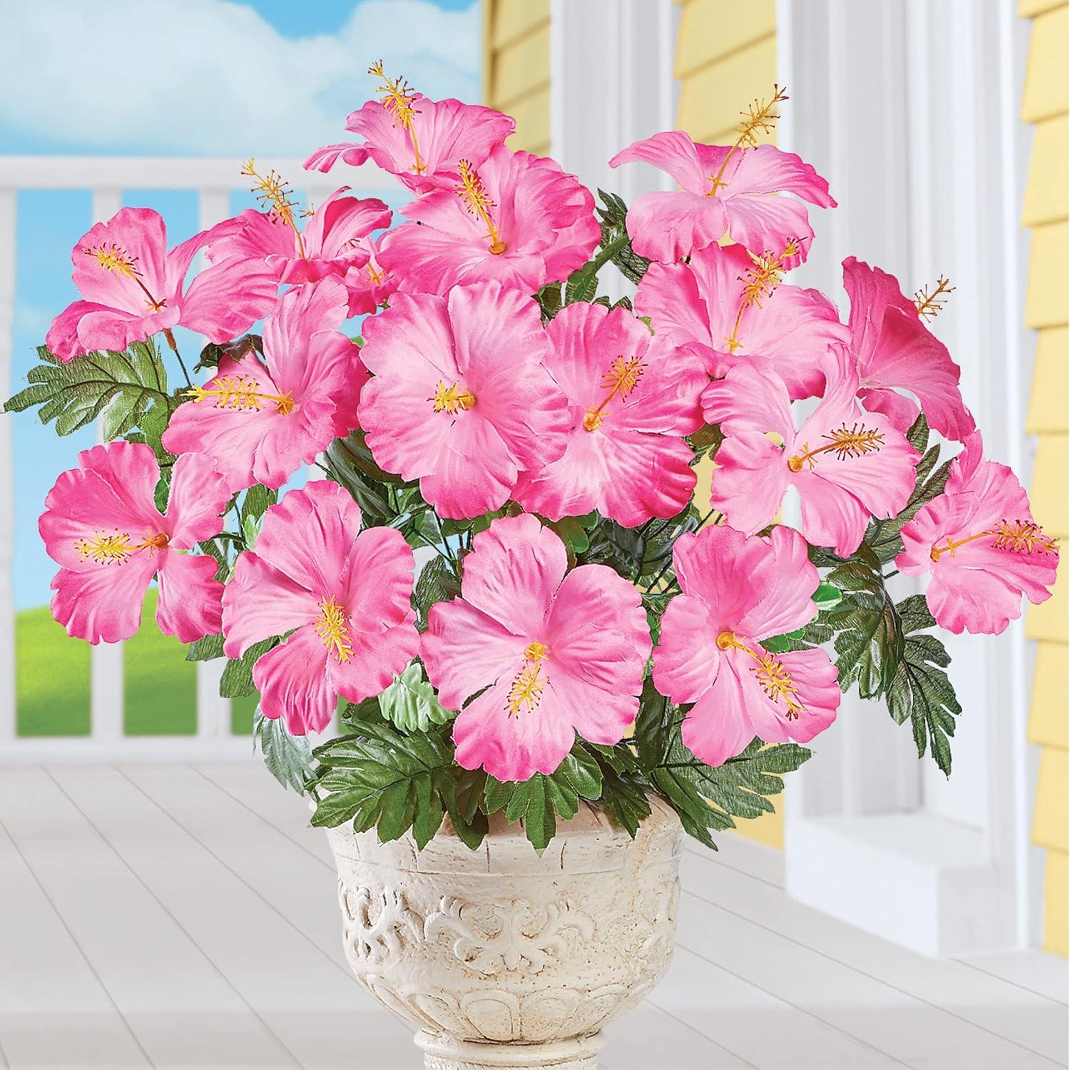 Collections Etc Bright Tropical Faux Hibiscus Bushes - Set of 3, Outdoor or Indoor Decorative Accent