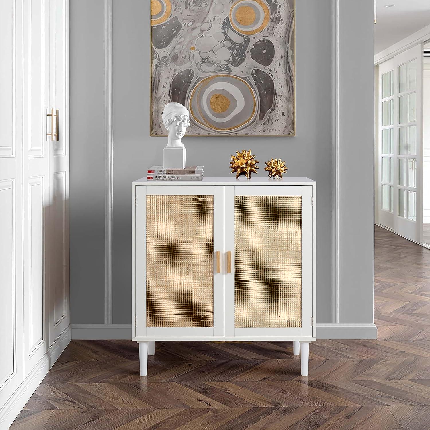 White and Natural Rattan 2-Door Sideboard Buffet Cabinet