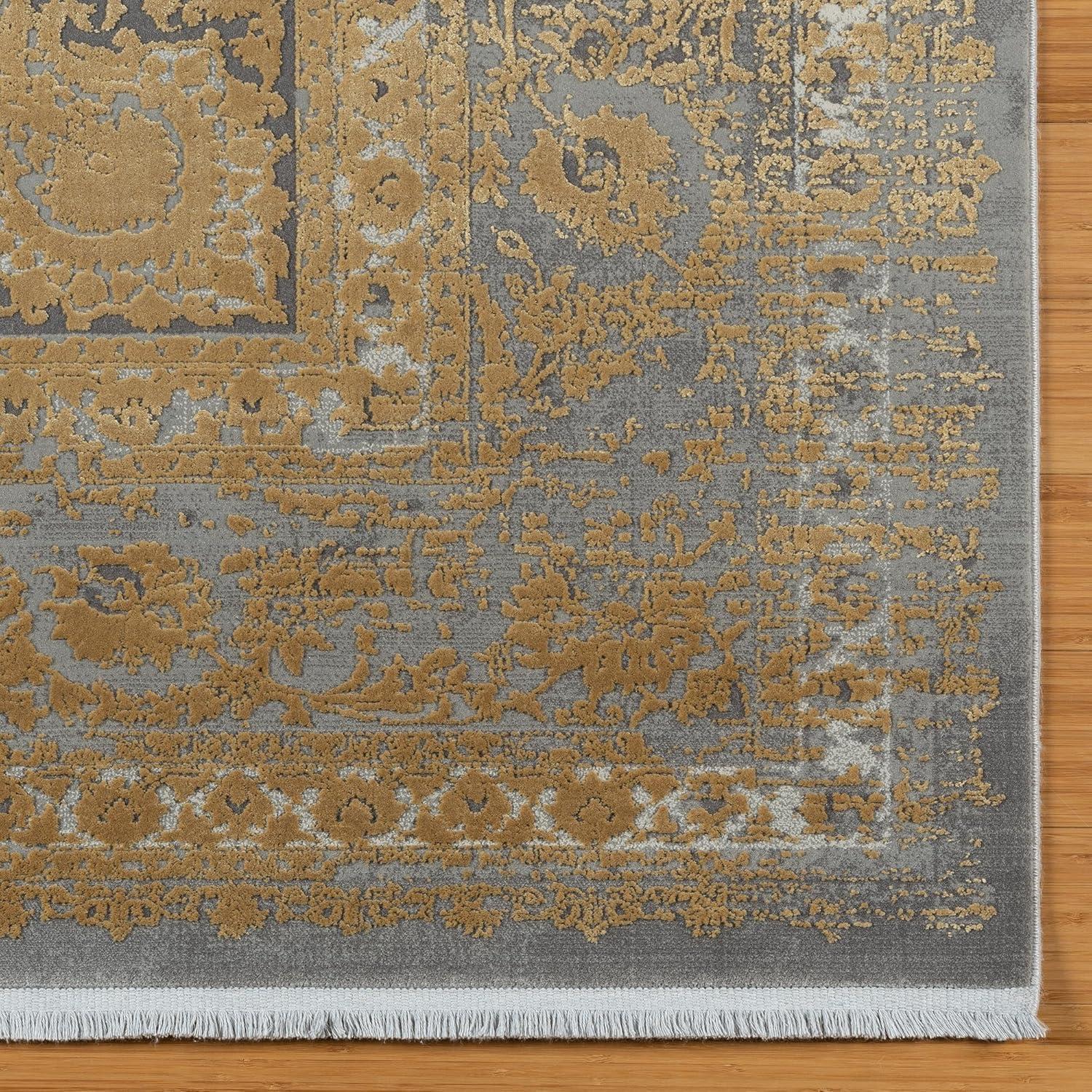 Florance Foggia Traditional Oriental Gold/Charcoal Gray High-Low Viscose/Acrylic Area Rug