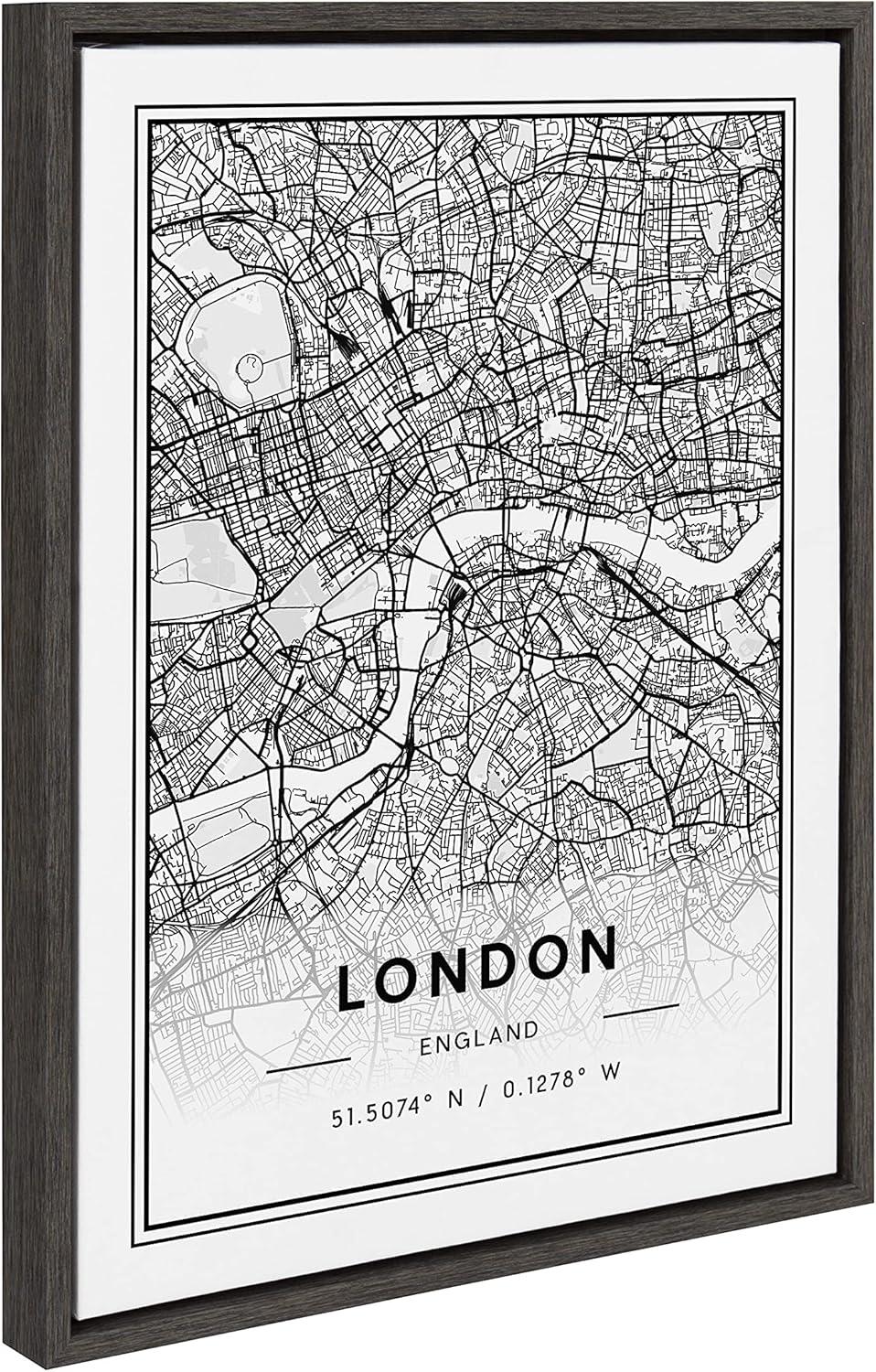 Kate and Laurel Sylvie London Modern Map Framed Canvas Wall Art by Jake Goossen, 18x24 Gray, Decorative Map of London for Wall