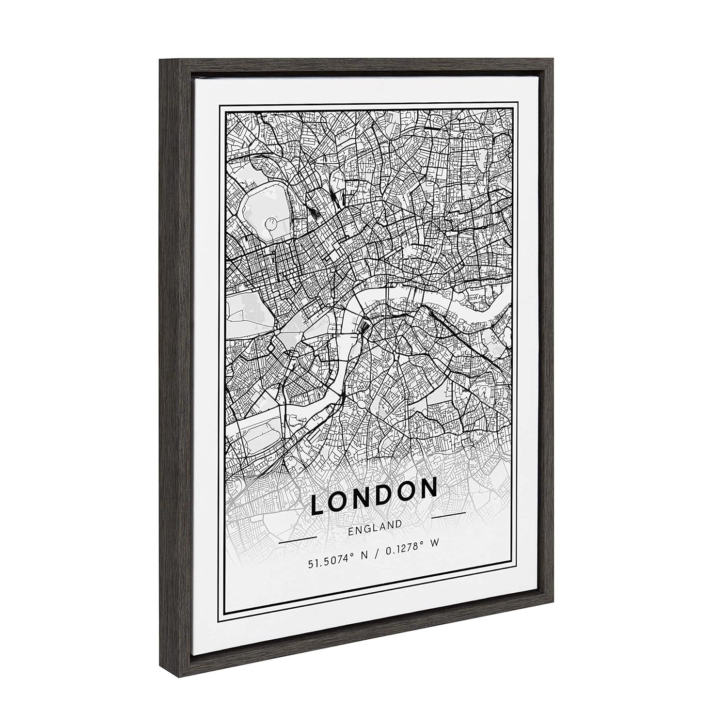 18" x 24" Sylvie London Modern Map by Jake Goossen Framed Wall Canvas Gray - Kate & Laurel All Things Decor