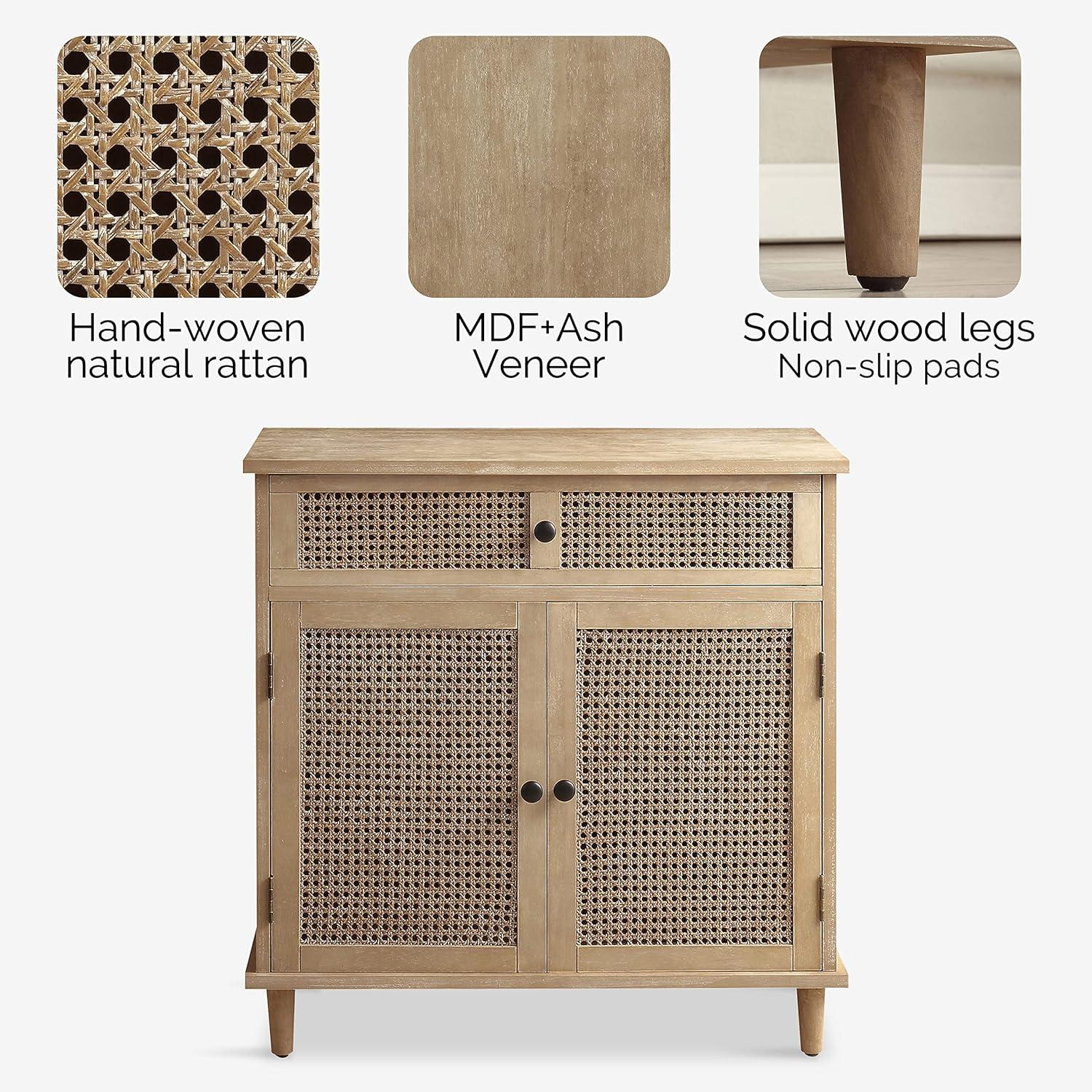 Art Leon Rustic Storage Cabinet with 2-Door&1Drawers Rattan Decoration Wood Finish,Oak Kitchen Console Table,Gray