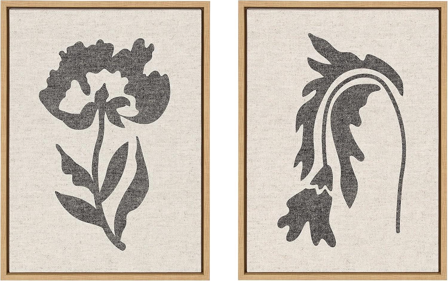 Kate and Laurel Sylvie Scandi Botanical 2 and 3 Neutral Textured Linen Framed Canvas Wall Art Set by The Creative Bunch Studio, 2 Piece Set 18x24 Natural, Simple Abstract Floral Art for Wall