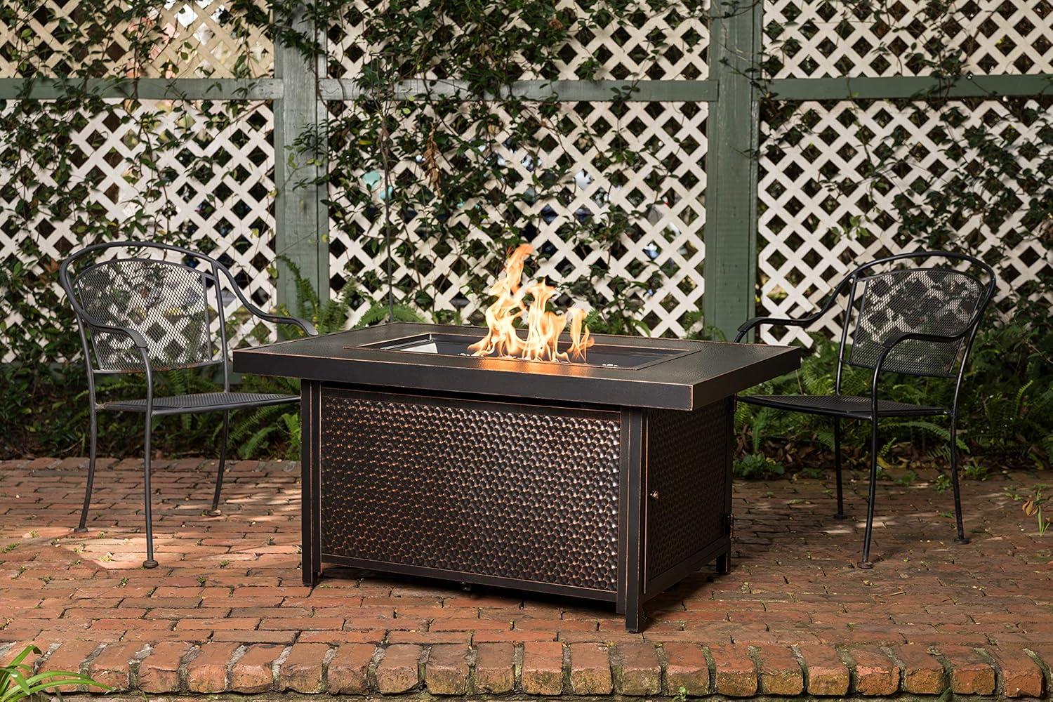 Fire Sense 48” Weyland Hammered Aluminum Gas Fire Pit 55,000 BTU Multi-Functional - Protective Cover and Clear Fire Glass - Rectangle - Bronze Finish