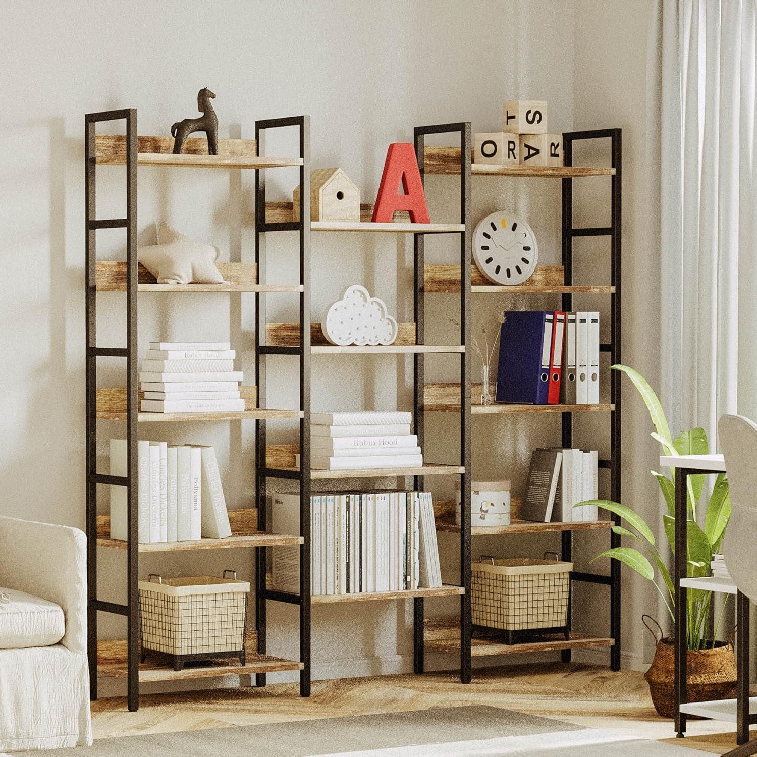 Industrial Brown Triple Wide Adjustable 5-Tier Bookshelf with Metal Frame