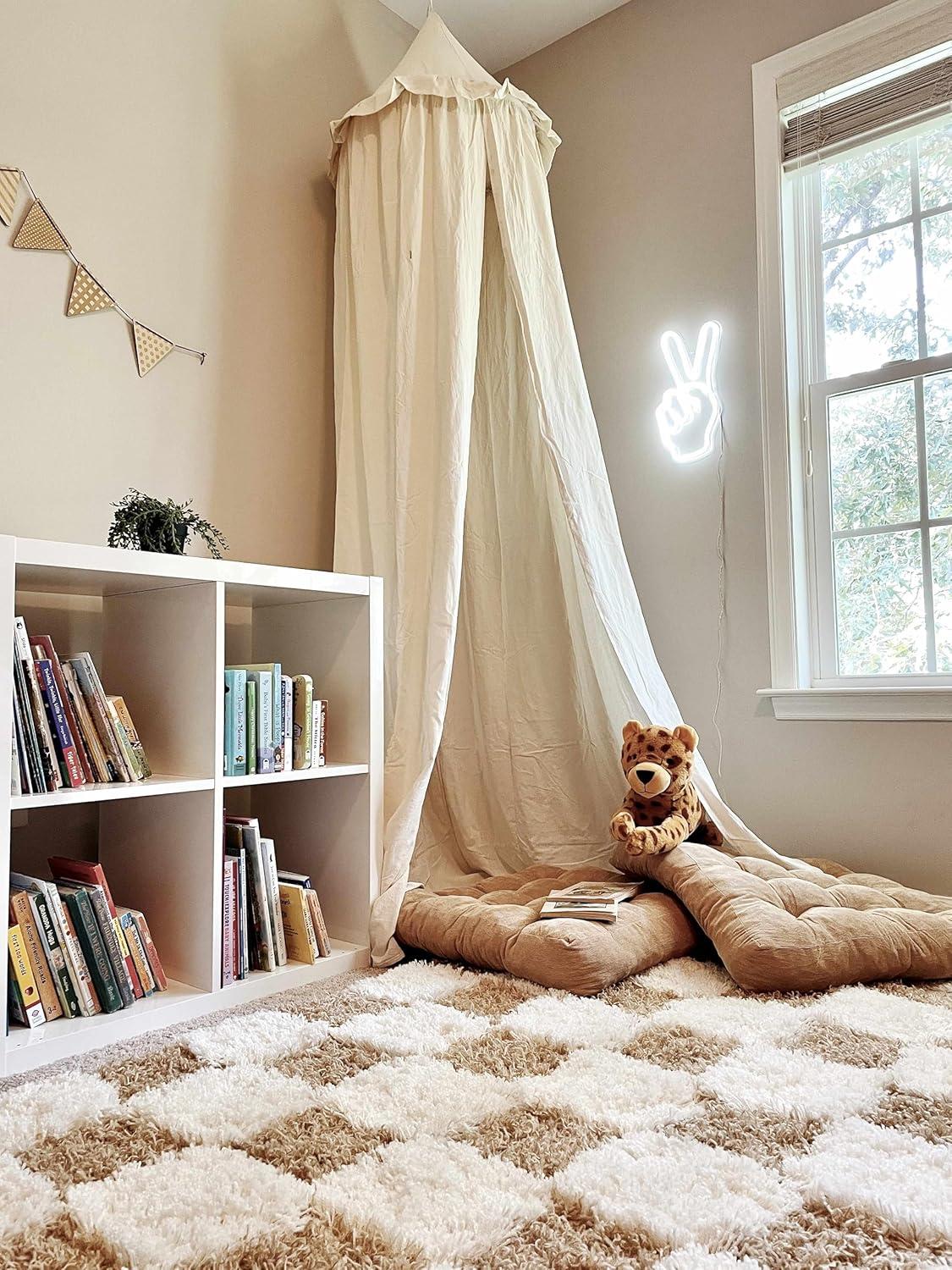 Light Mustard and Cream Checkered Shag Rug for Kids