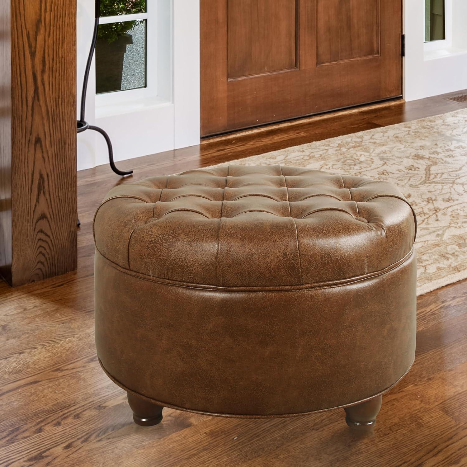 Large Tufted Round Storage Ottoman Faux Leather Distressed Brown - HomePop