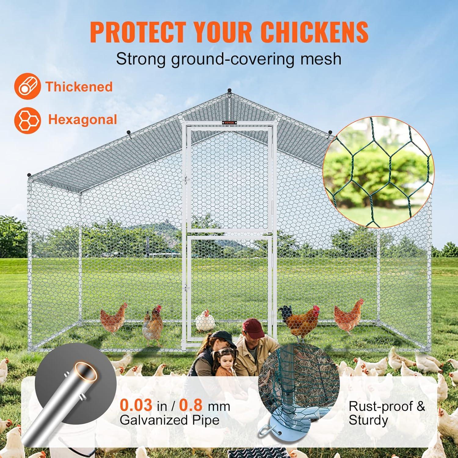 VEVOR Large Metal Chicken Coop with Run Walkin Chicken Coop for Yard with Waterproof Cover 6.6 x 9.8 x 6.6 ft - Peaked Roof