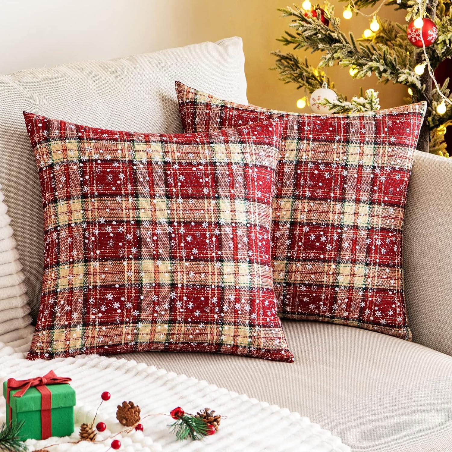 Red and Beige Tartan Plaid Snowflake 18" Polyester Euro Pillow Covers