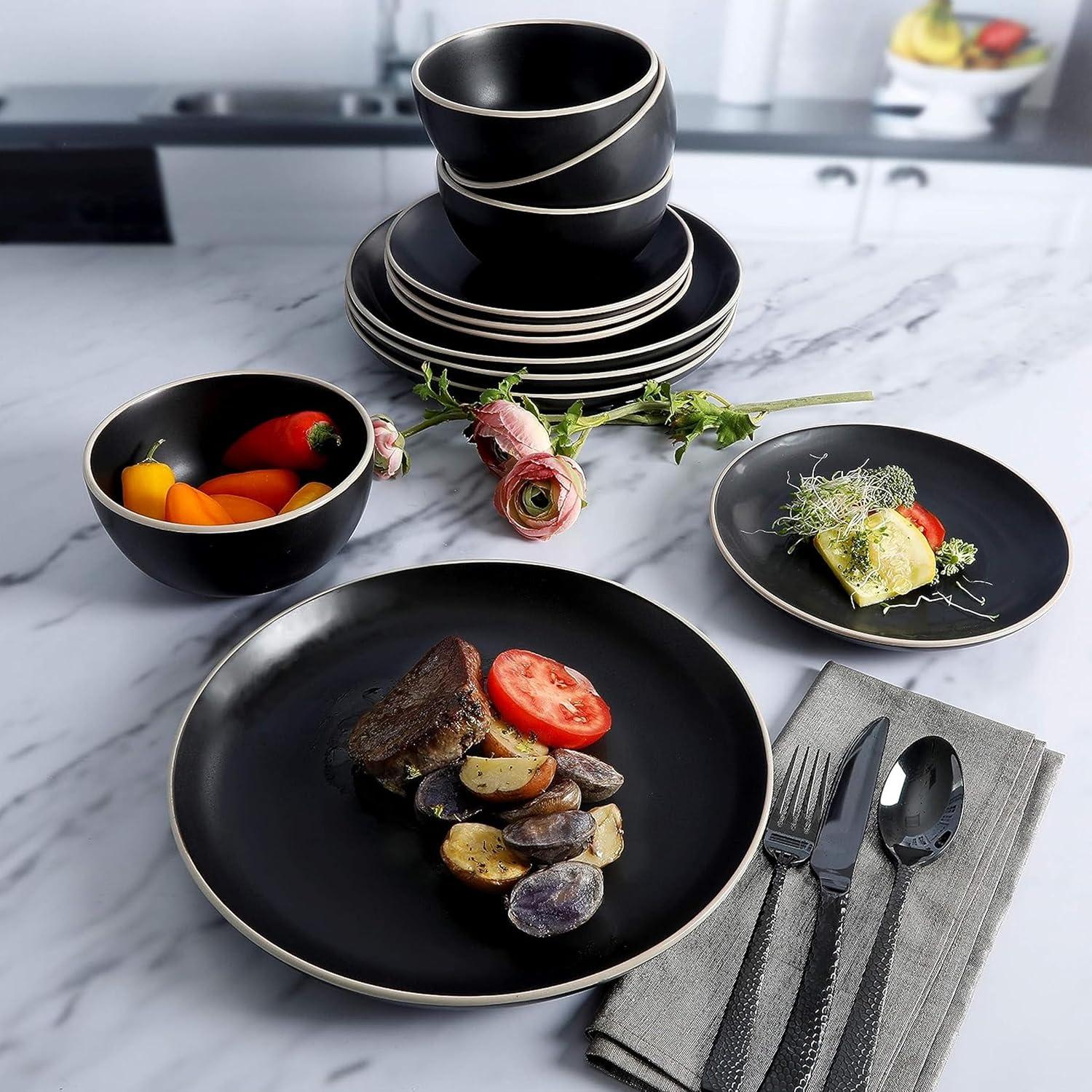 Black Ceramic 12-Piece Dinnerware Set with Glossy Rim