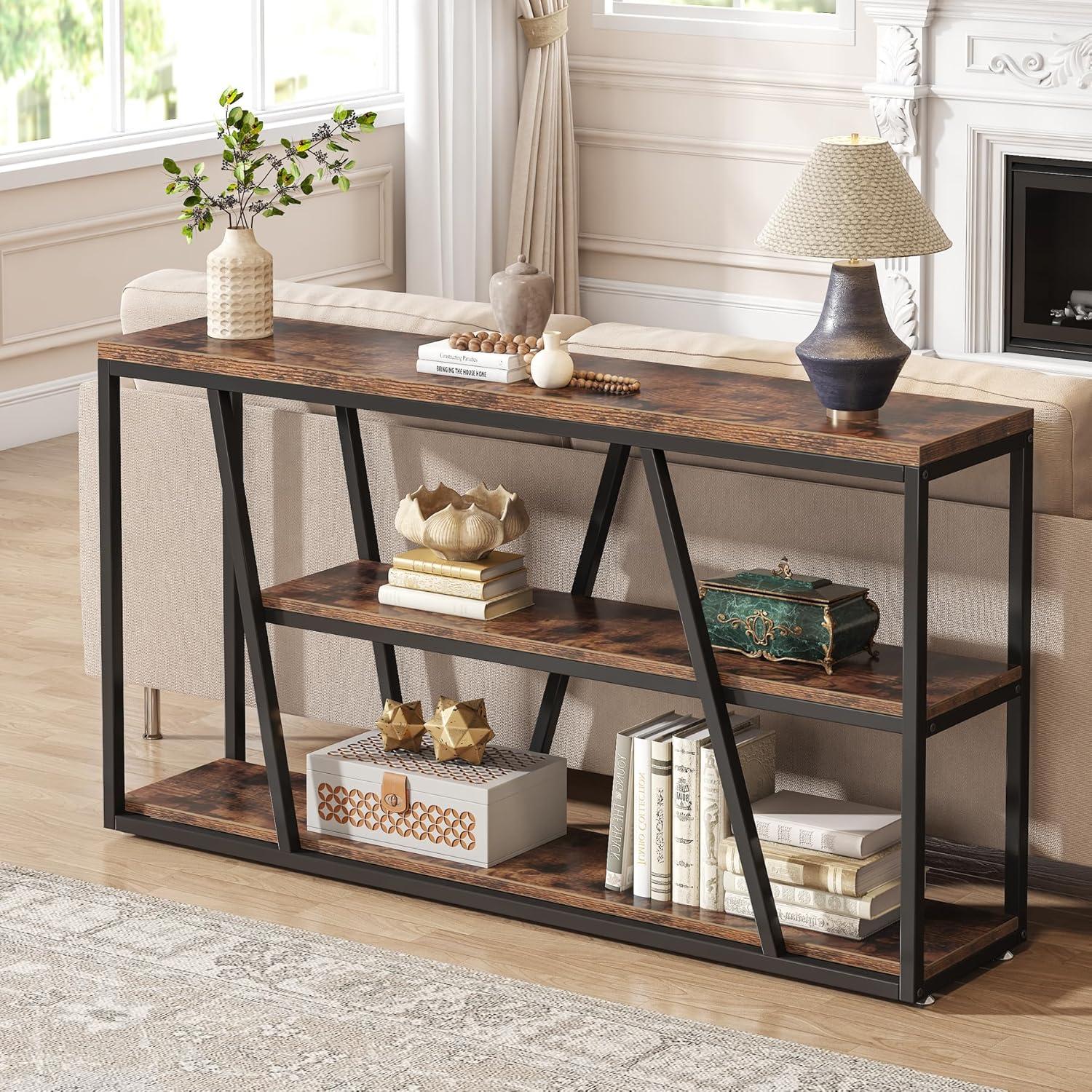 Rustic Brown Industrial 3-Tier Console Table with Shelves