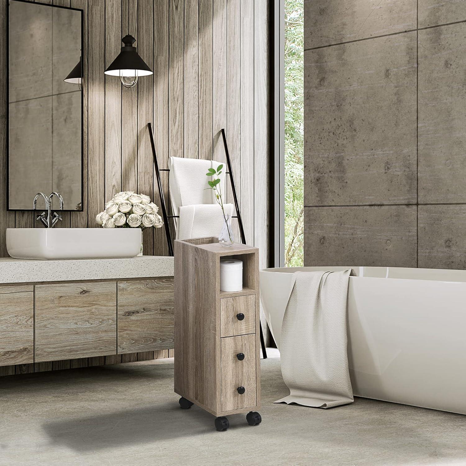 kleankin Freestanding Compact Design Bathroom Cabinet with 2 Open Cabinets, 1 Door Cabinet, 1 Drawer and 4 Rolling Wheels, Oak Grain Color