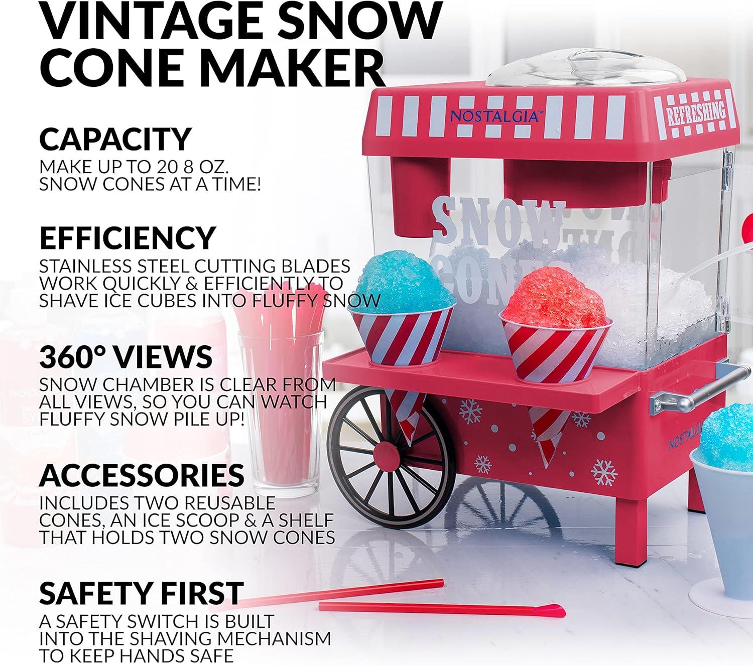 Nostalgia SCM525RD Vintage Countertop Snow Cone Maker Makes 20 ICY Treats Includes 2 Reusable Plastic Cups & Ice Scoop, Regular, Red